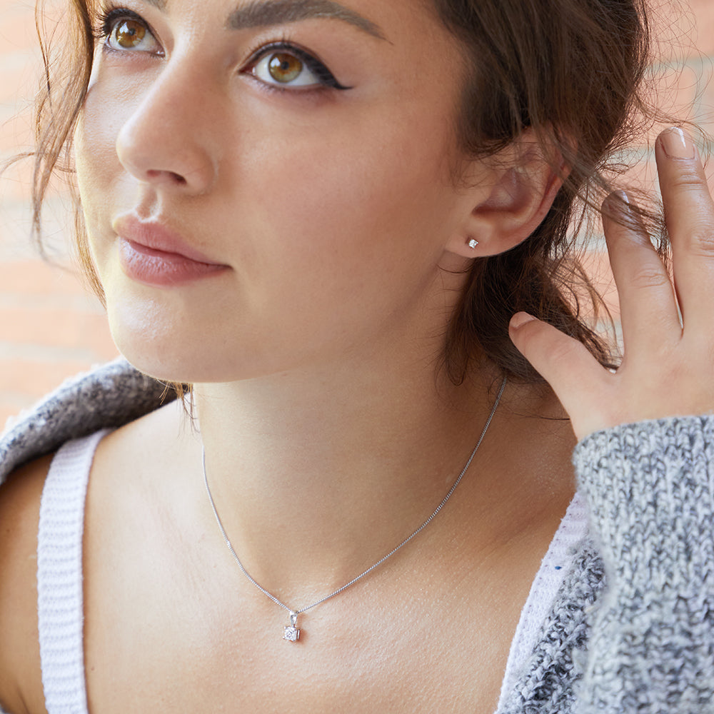 Sterling Silver Square Cubic Zirconia Pendant and Earring Set