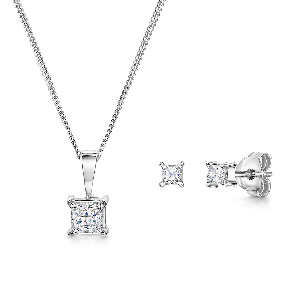 Sterling Silver Square Cubic Zirconia Pendant and Earring Set