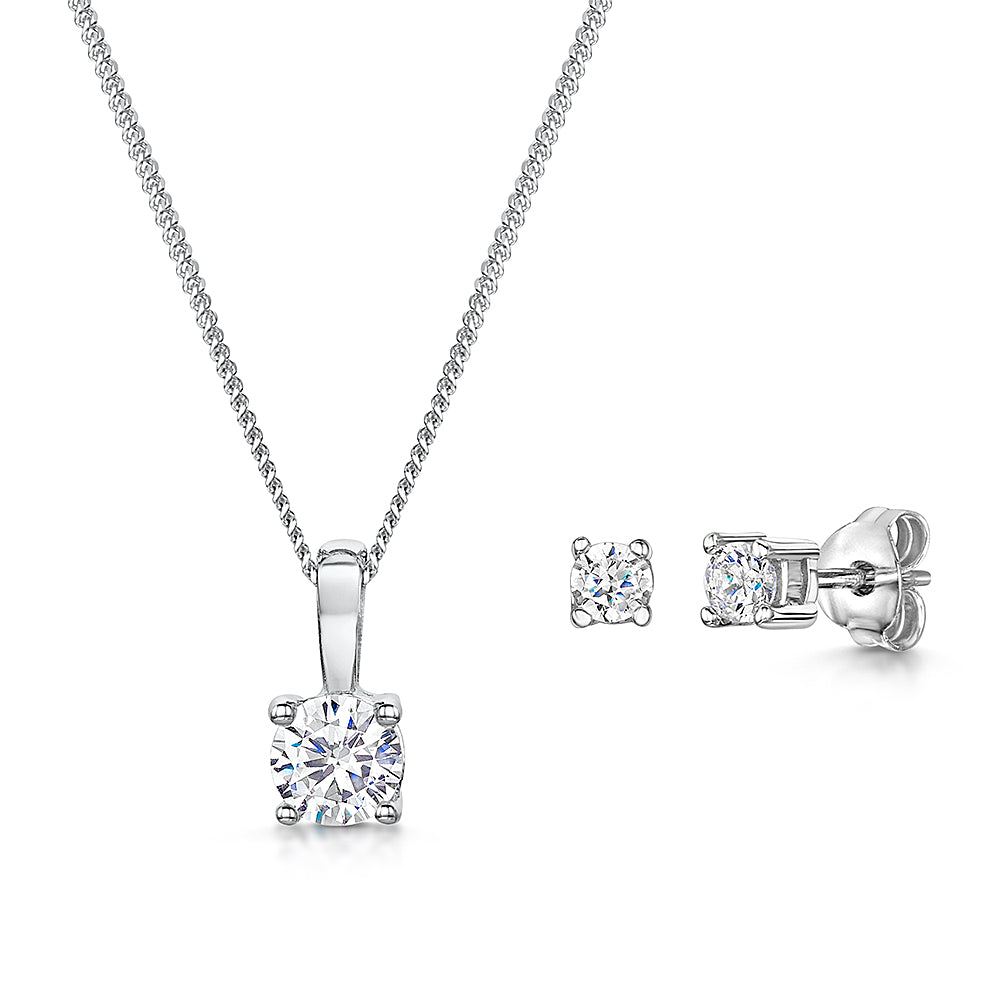 Sterling Silver Round Solitaire CZ Pendant & Earring Set - Classic 1/2 ct