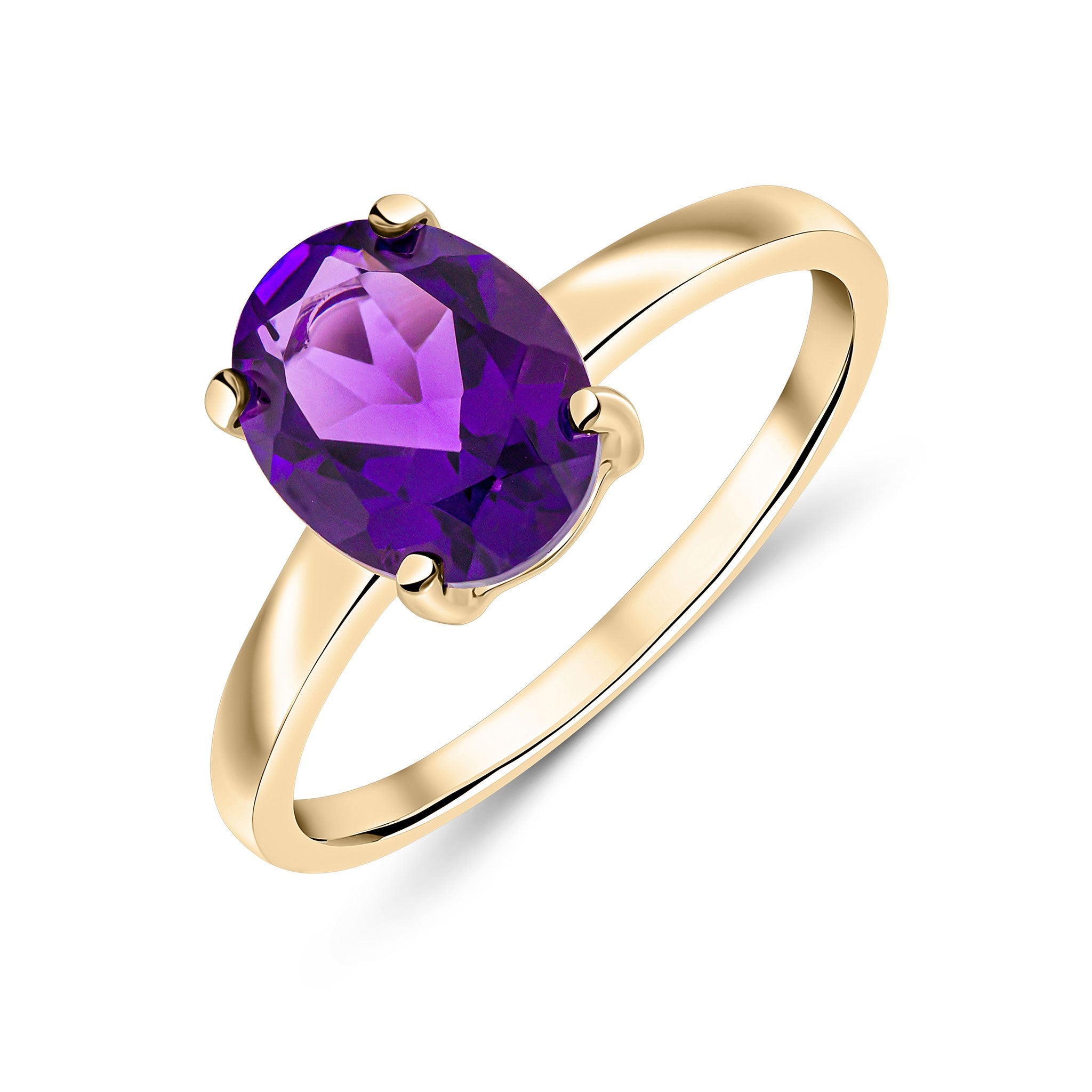 9CT YG 9X7 OVAL AMETHYST CLAW SET SINGLE STONE RING