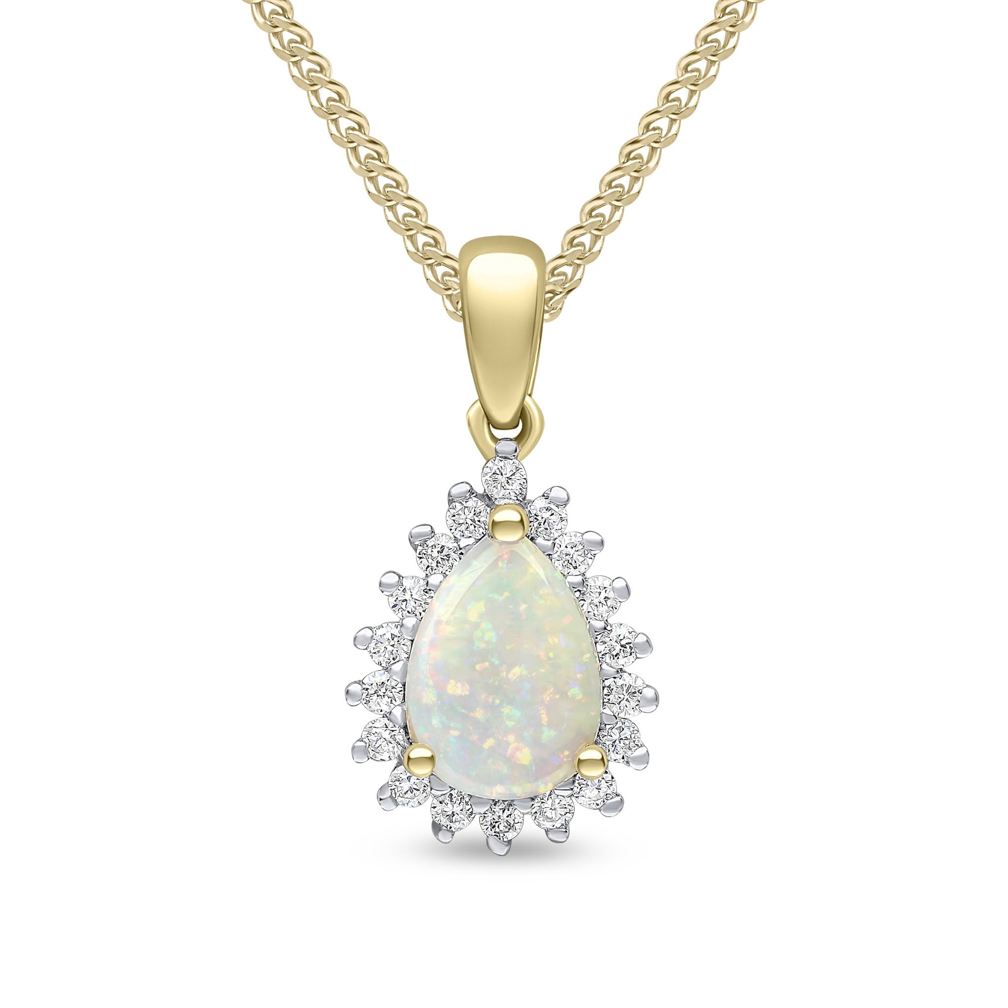 18CT YG 7X5 PEARSHAPE OPAL & DIAMOND CLAW CLUSTER PENDANT. RHODIUM TO DIAMONDS
