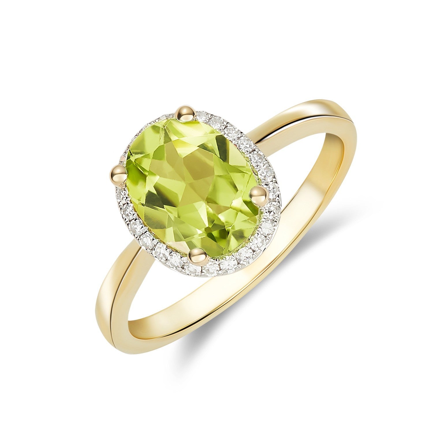 9CT YG 9X7 OVAL PERIDOT AND DIAMOND CLAW SET CLUSTER RING. RHODIUM TO DIAMONDS