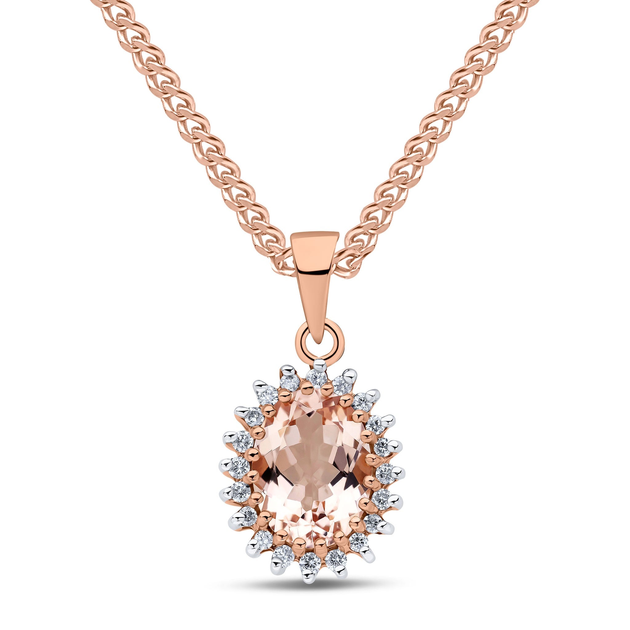 9CT RG 8X6 OVAL MORGANITE & DIAMOND CLAW SET CLUSTER PENDANT