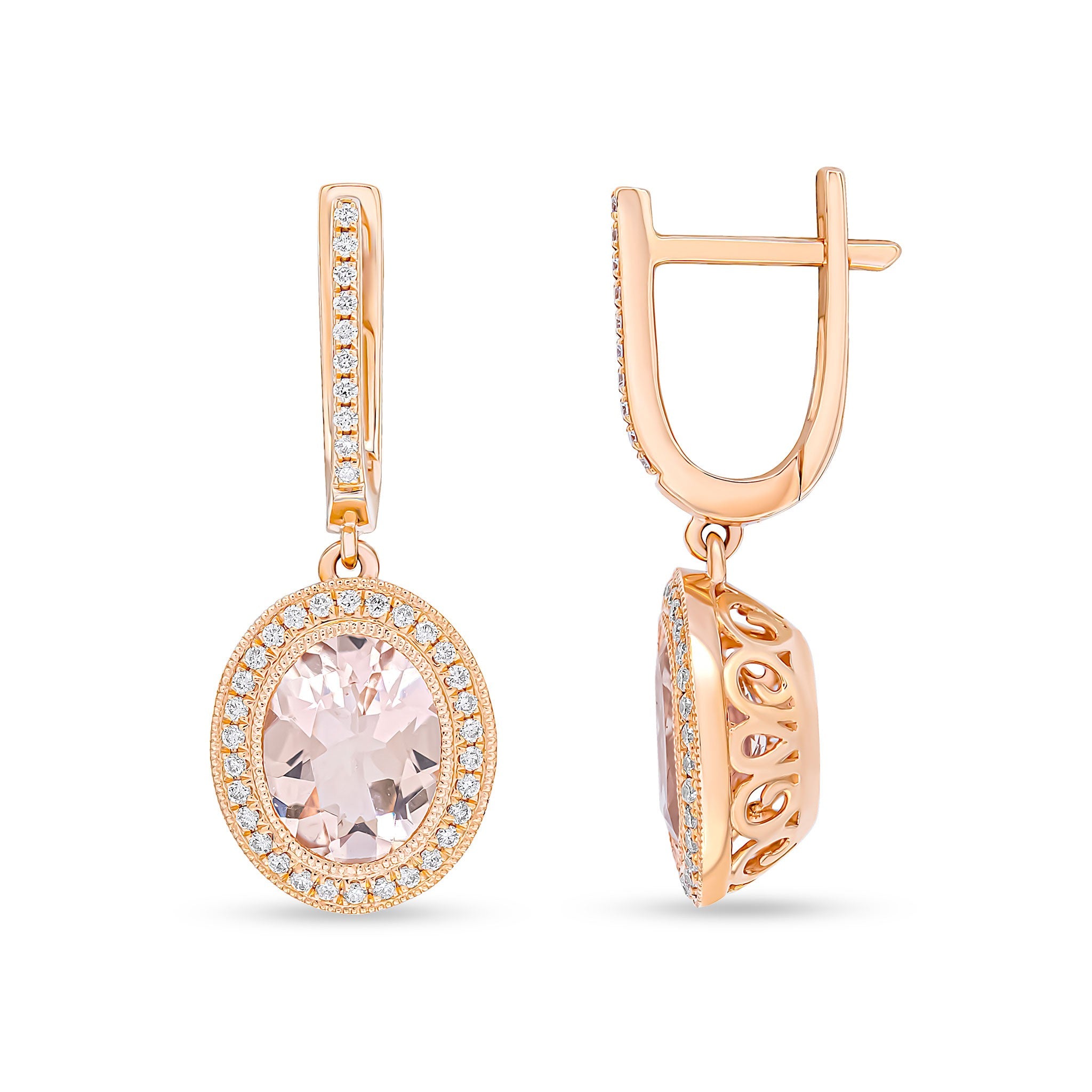 18CT RG OVAL MORGANITE & DIAMOND CLUSTER DROP EARRINGS WITH DIAMOND OVAL HOOP TOP