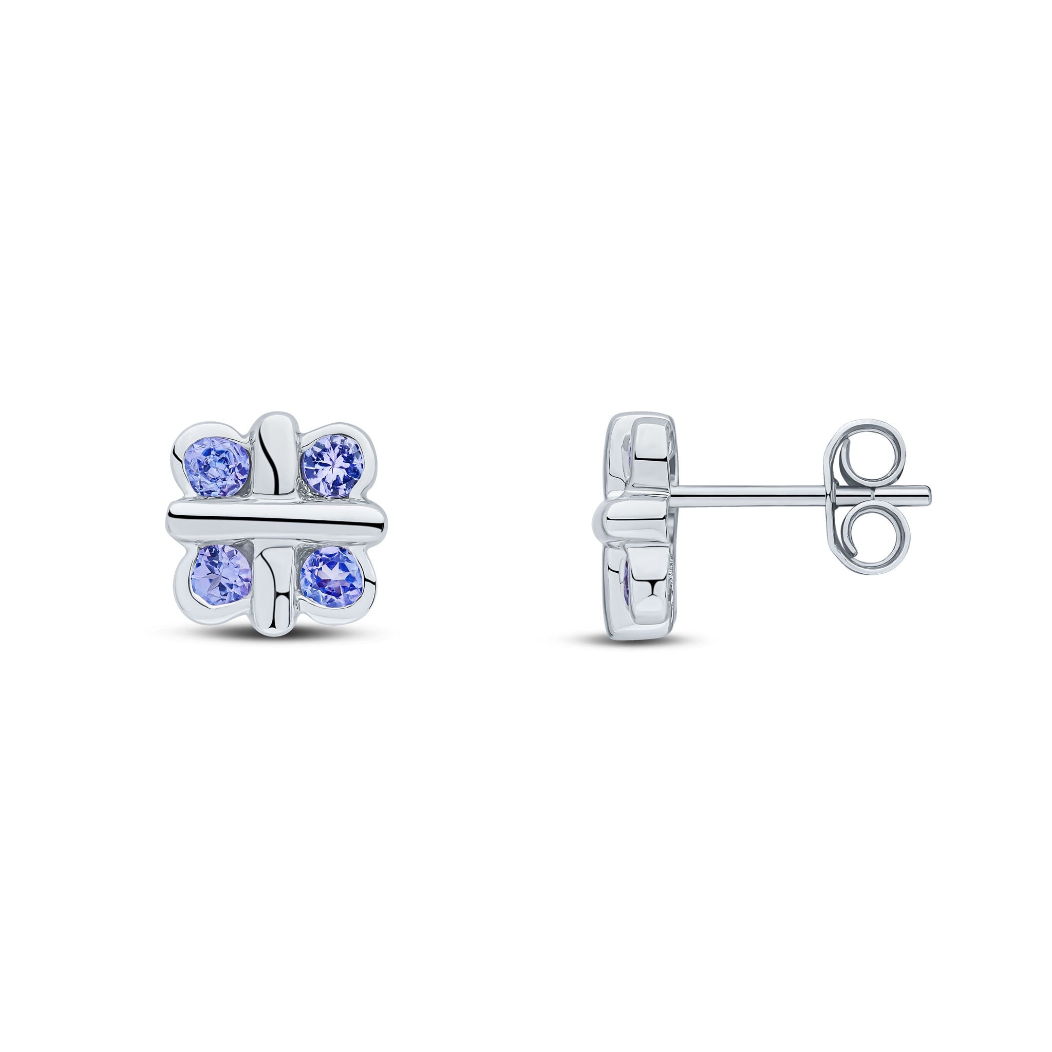 9CT WHITE GOLD ROUND TANZANITE RUBOVER QUATREFOIL STUD EARRINGS WITH CROSS CENTRE