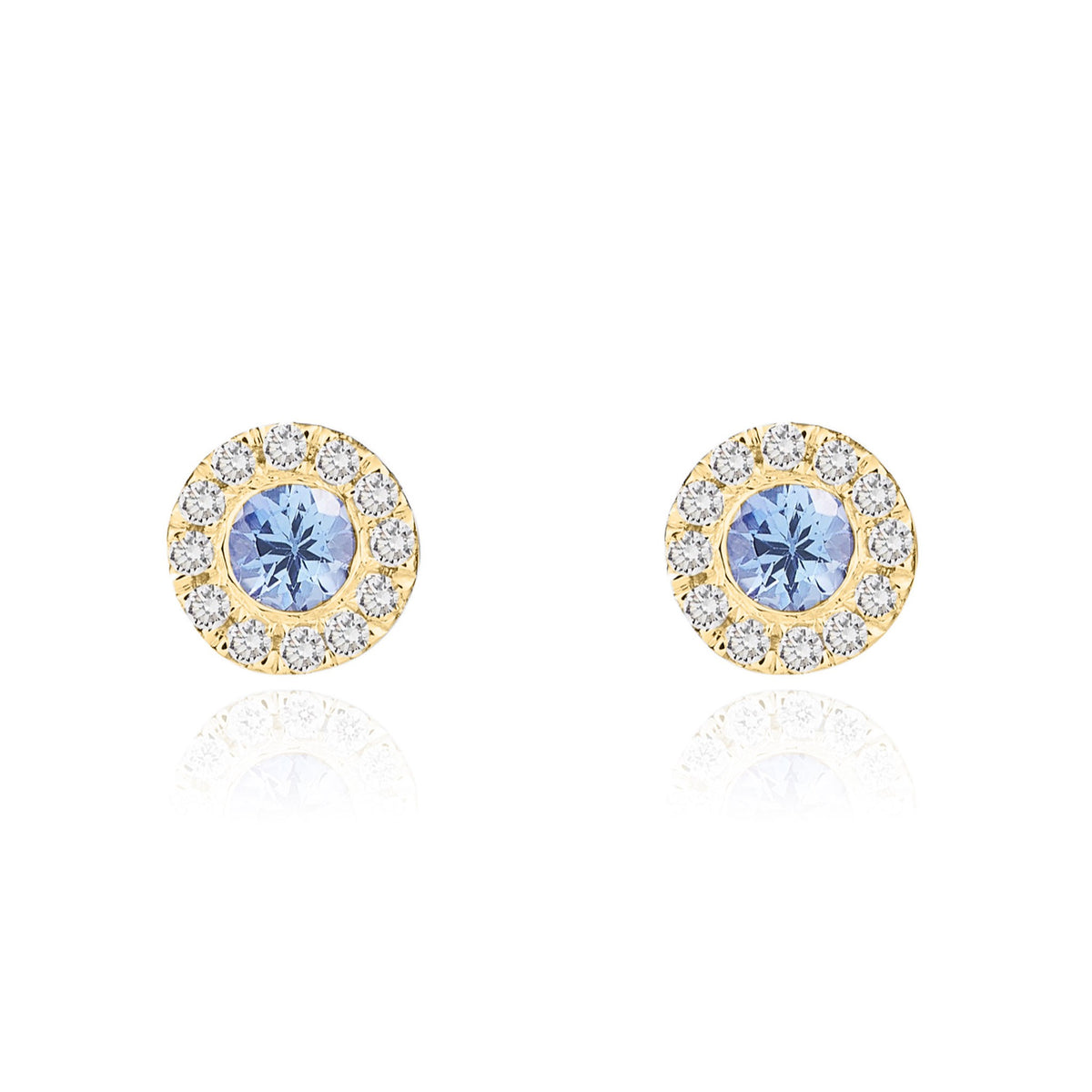 18CT YG 3MM ROUND TANZANITE AND DIAMOND MICROSET CLUSTER EARRINGS