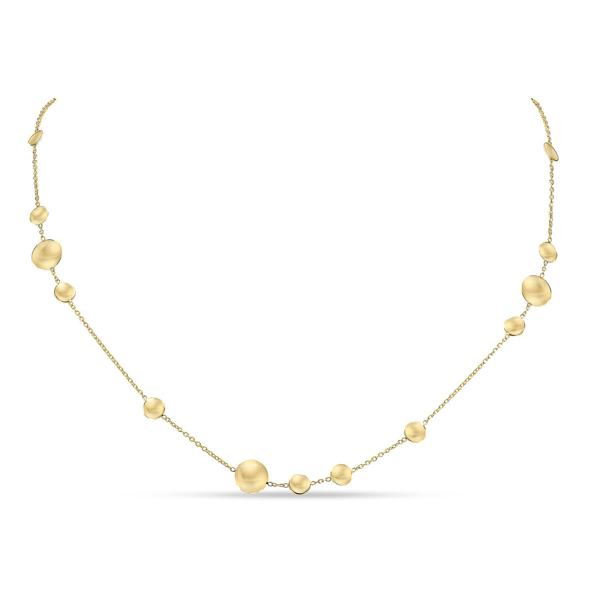9CT YG CHAIN NECKLACE WITH POLISHED FLAT DISCS. 18 INCH