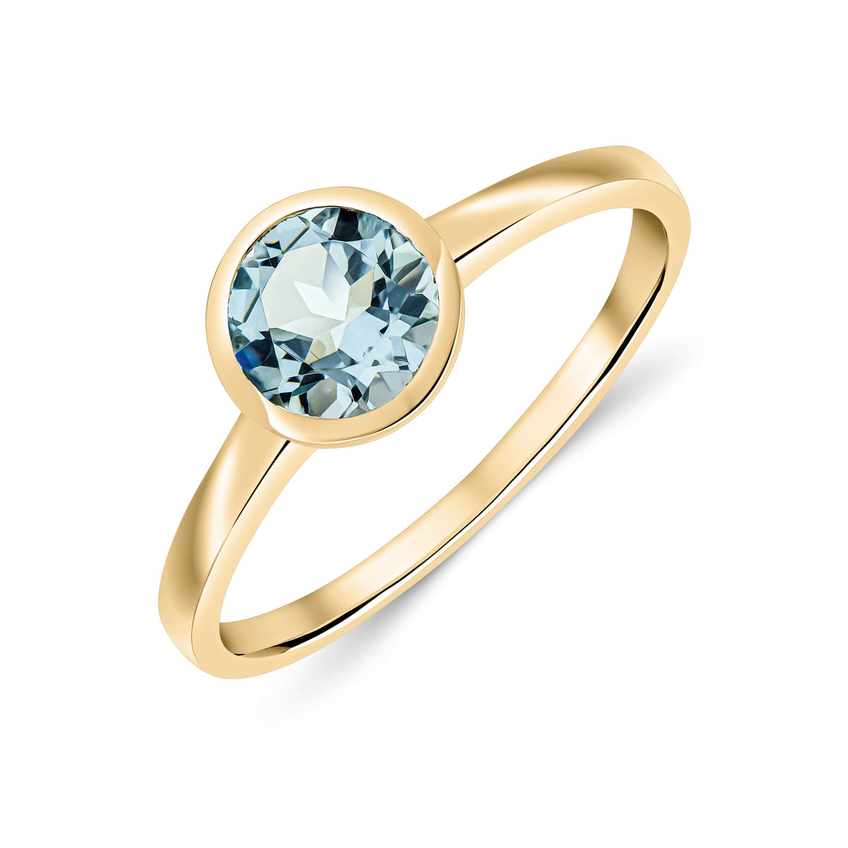 9CT YG 6MM ROUND AQUA RUBOVER SET SINGLE STONE RING