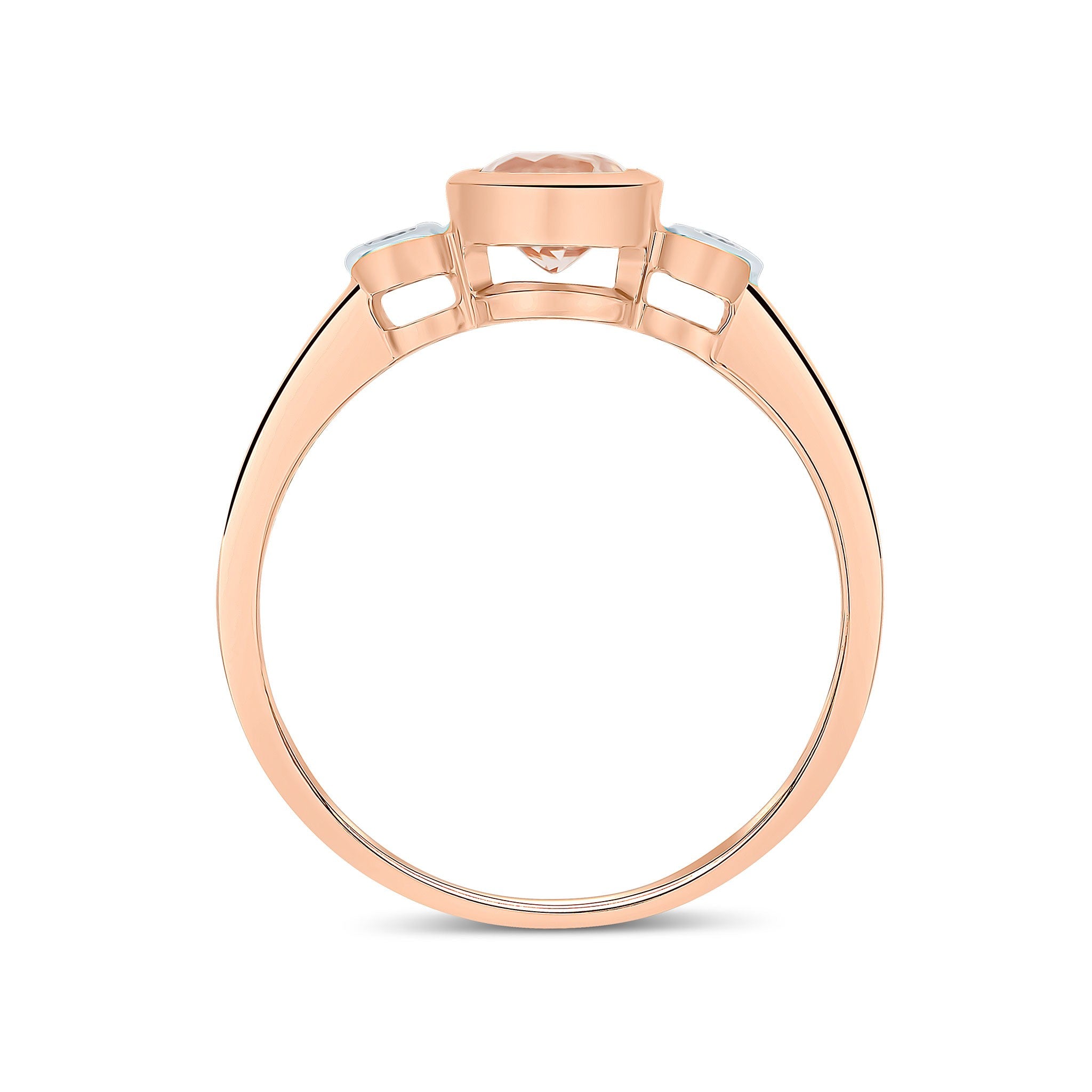 9CT RG 5MM ROUND MORGANITE AND ROUND DIAMOND RUBOVER 3ST RING. RHODIUM TO DIAMONDS