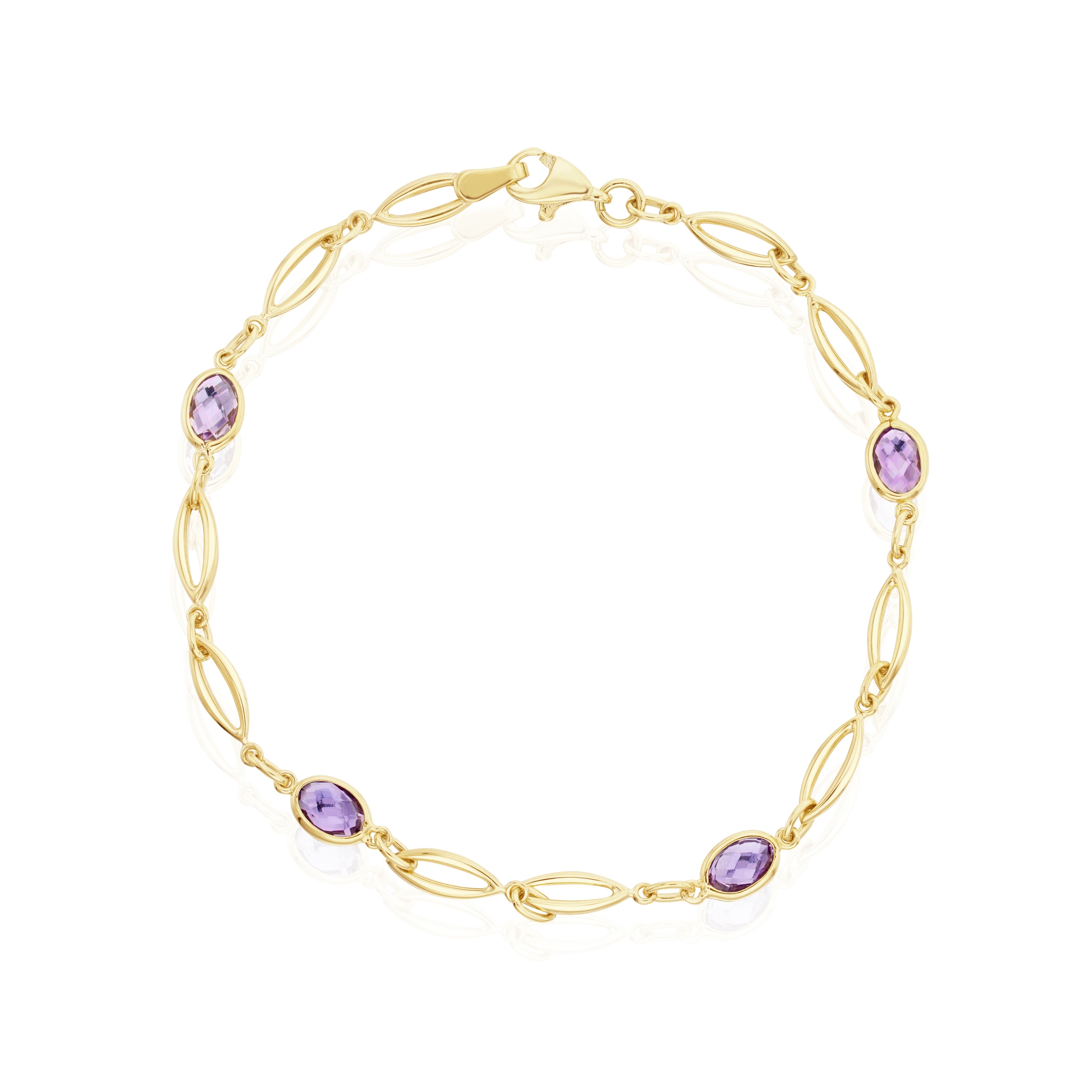 9CT YELLOW GOLD SPEC SET OVAL AMETHYST AND OPEN MARQUISE MOTIF BRACELET