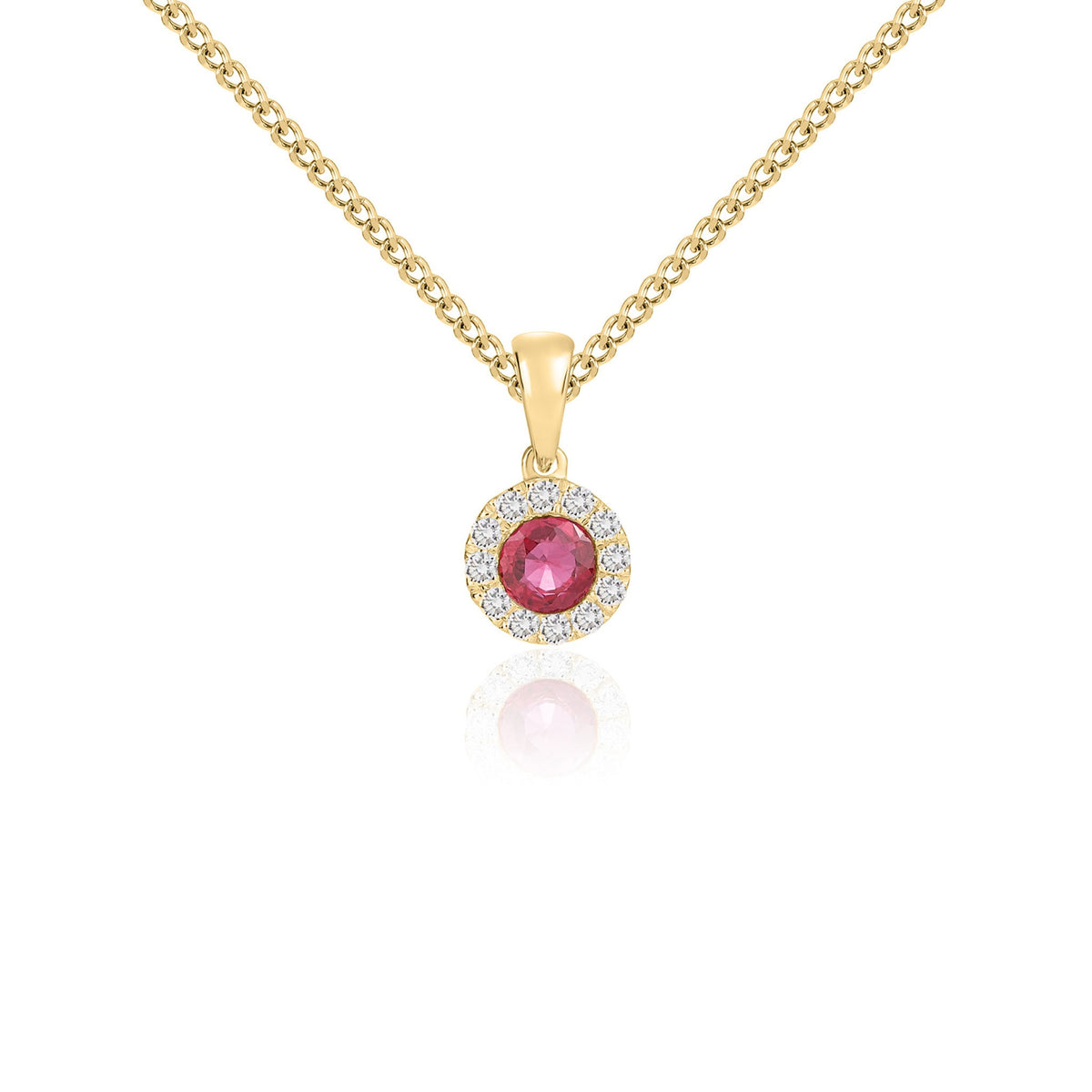 18CT YG 4MM ROUND RUBY AND DIAMOND MICROSET CLUSTER PENDANT WITH PLAIN LOOP