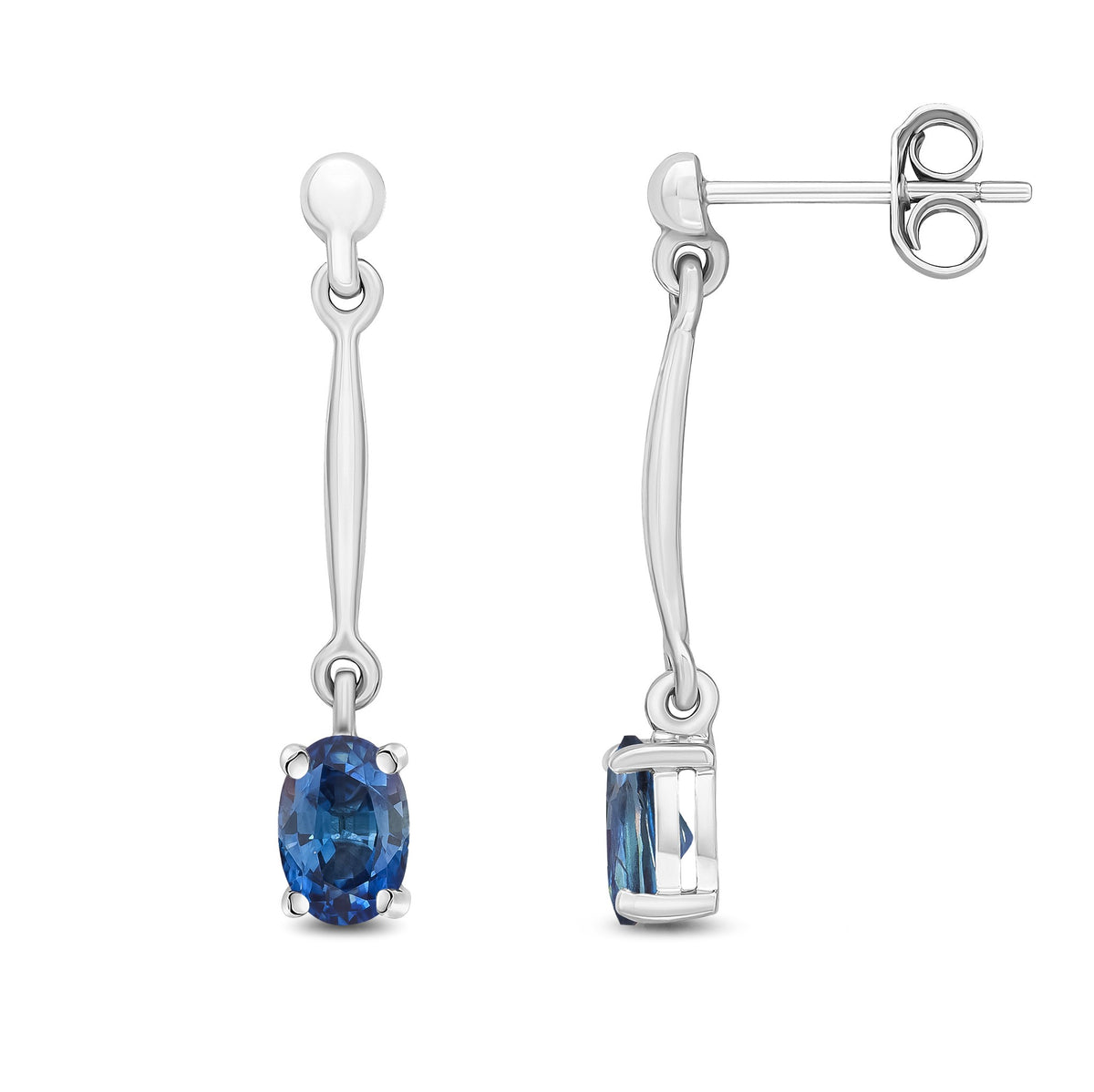 9CT WG CLAW SET 6X4MM OVAL SAPPHIRE AND BAR DROP EARRINGS