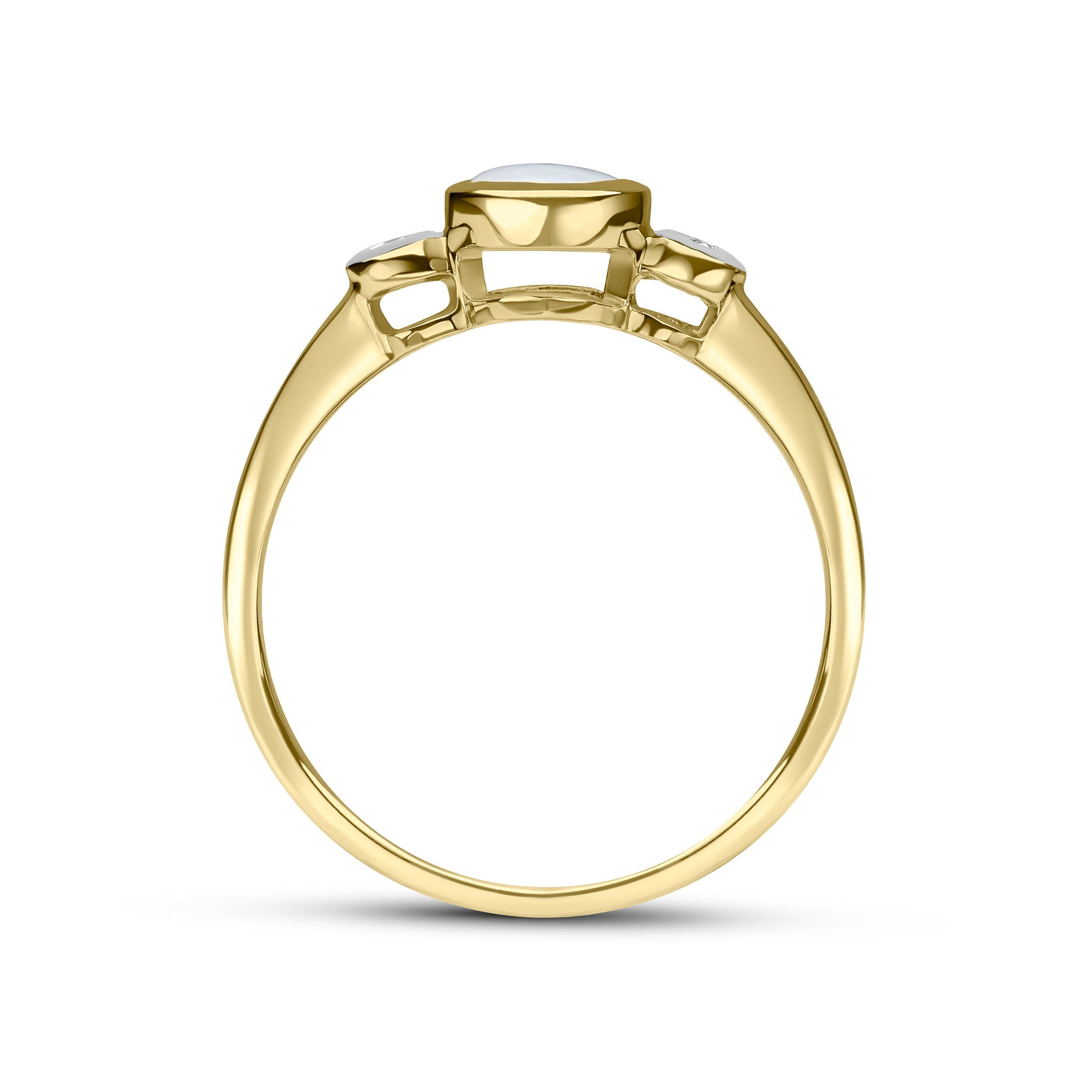 9CT YG 5MM ROUND OPAL AND DIAMOND RUBOVER 3ST RING. RHODIUM TO DIAMONDS