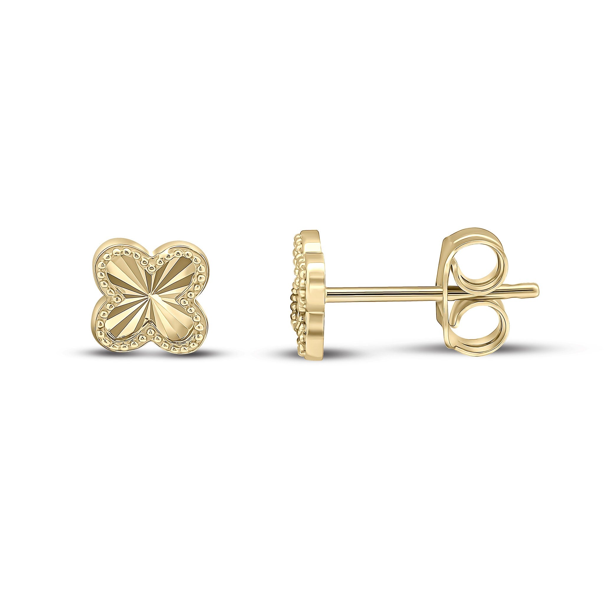 9CT YG DIAMOND CUT QUATREFOIL STUD EARRINGS WITH BEADED EDGE. SMALL
