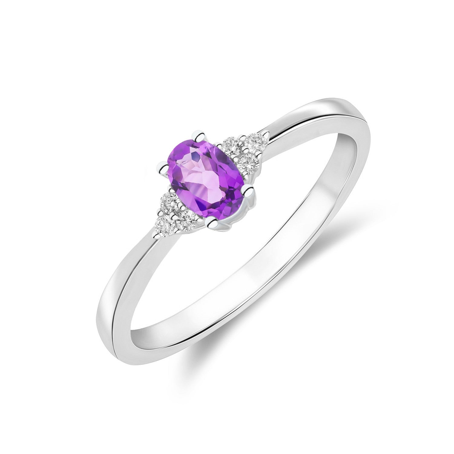 9CT WG 6X4 OVAL AMETHYST AND ROUND DIAMOND TREFOIL SHOULDERS RING