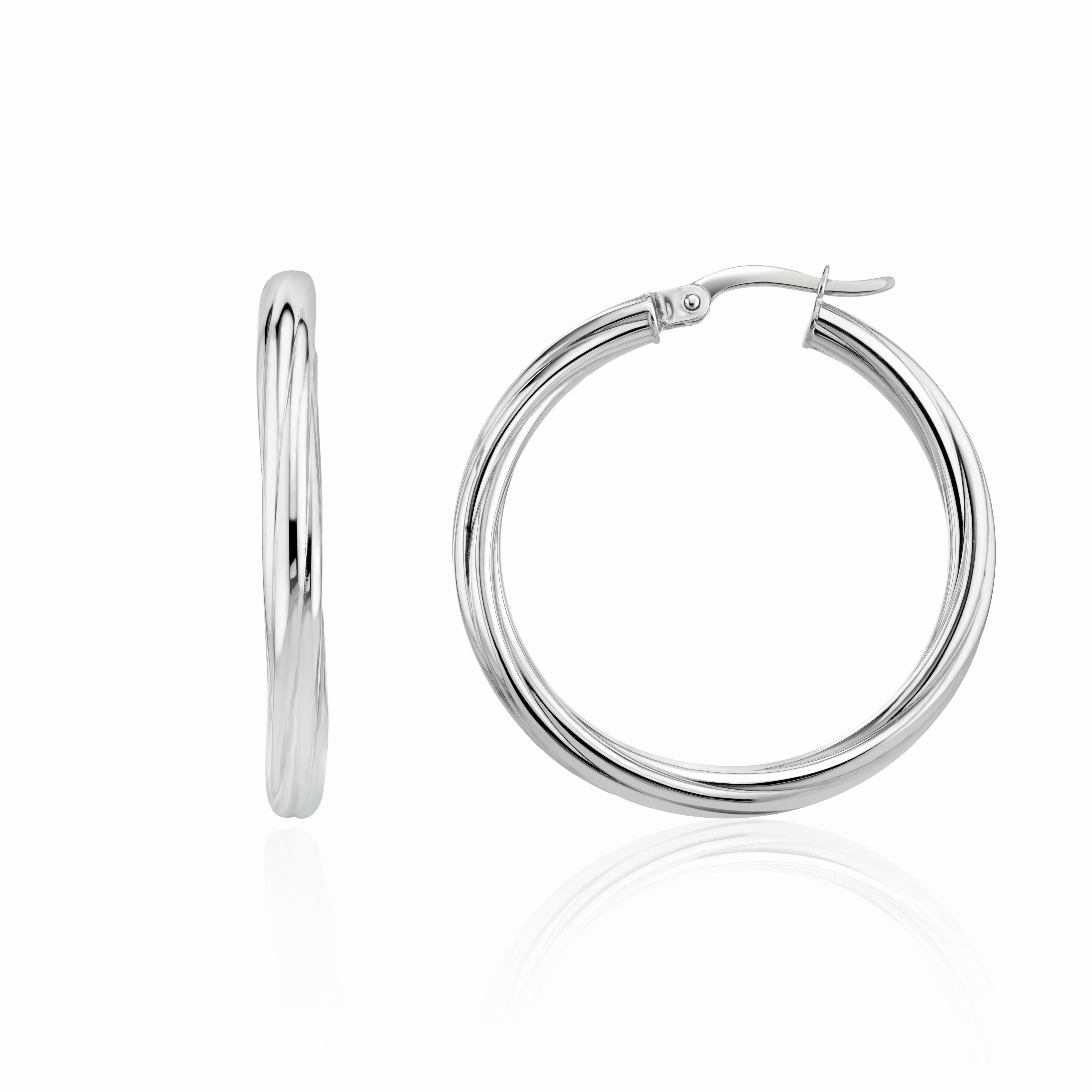9CT WHITE GOLD 3MM TWIST HOOP EARRINGS. 31MM OUTER DIAMETER