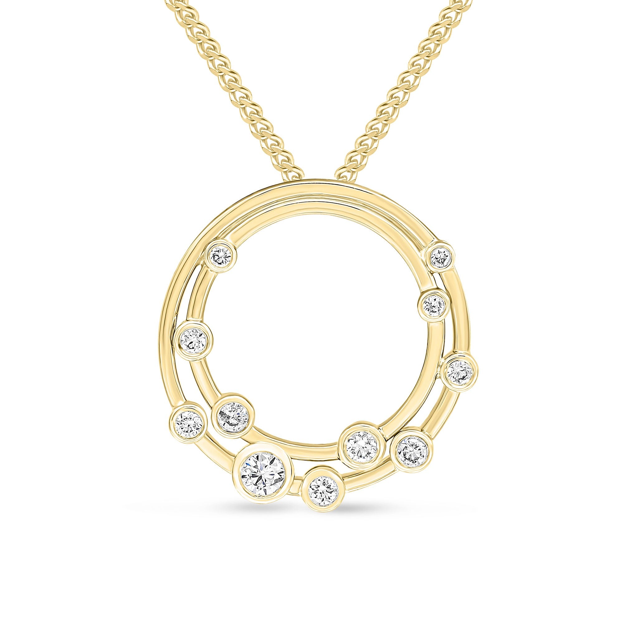 18CT YG RUBOVER ROUND DIAMOND 'BUBBLE' DOUBLE CIRCLE SLIDER PENDANT. 18MM DIAMETER