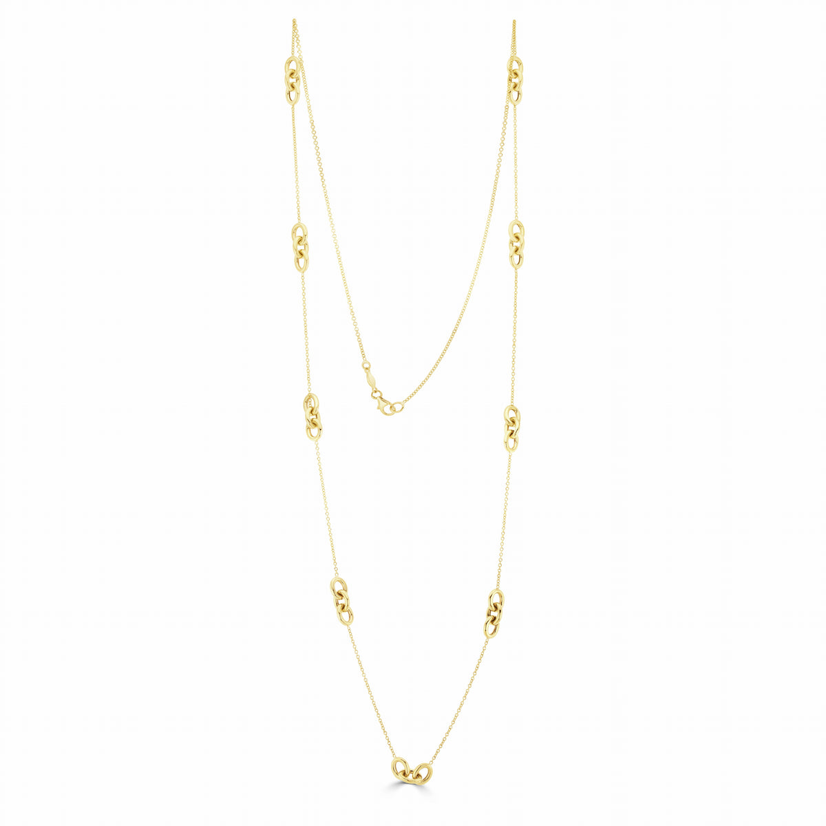 9CT YG CHAIN AND TRIPLE OVAL LINK NECKLACE. 32 INCH