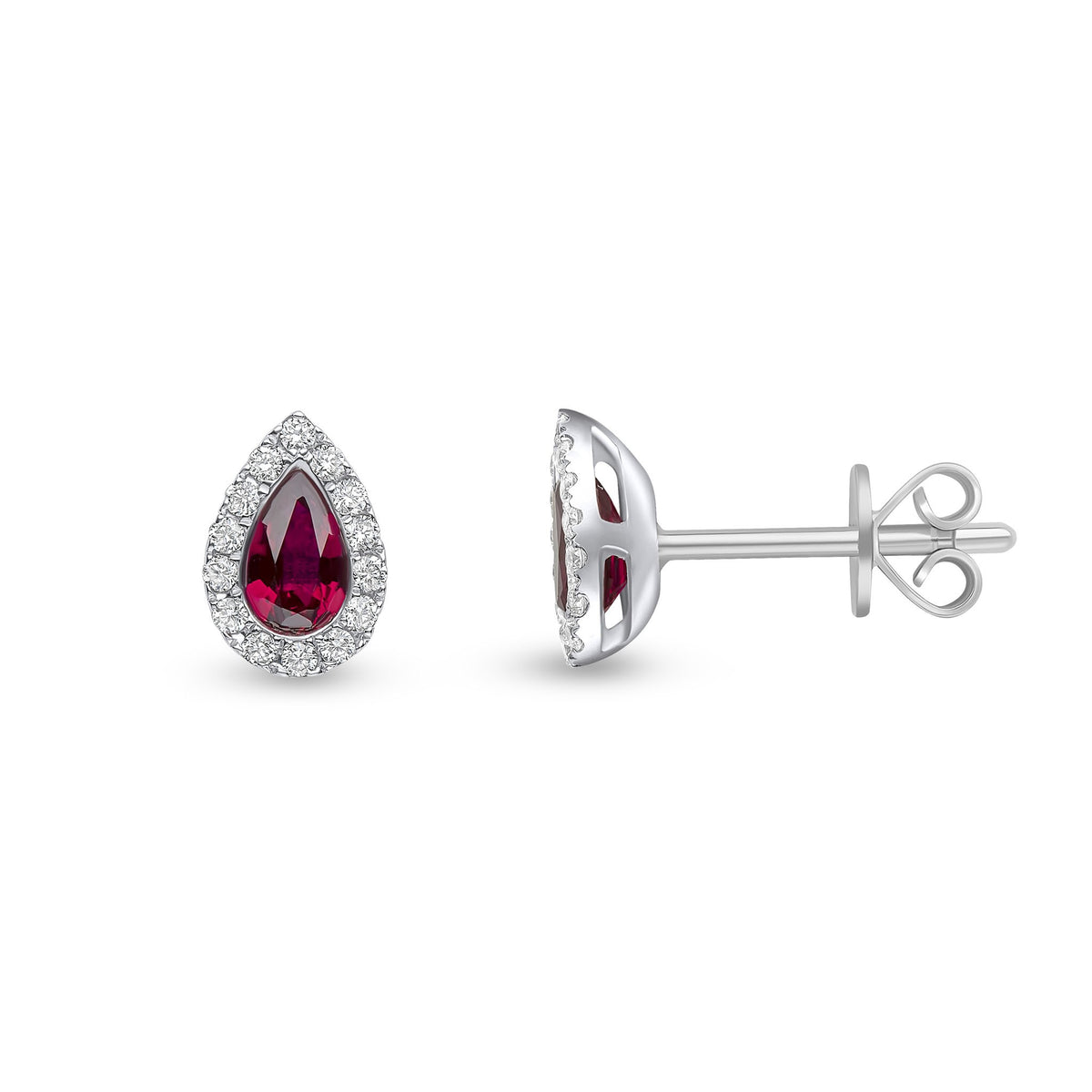 18CT WG 5X3 PEARSHAPE RUBY & DIAMOND MICROSET CLUSTER EARRINGS