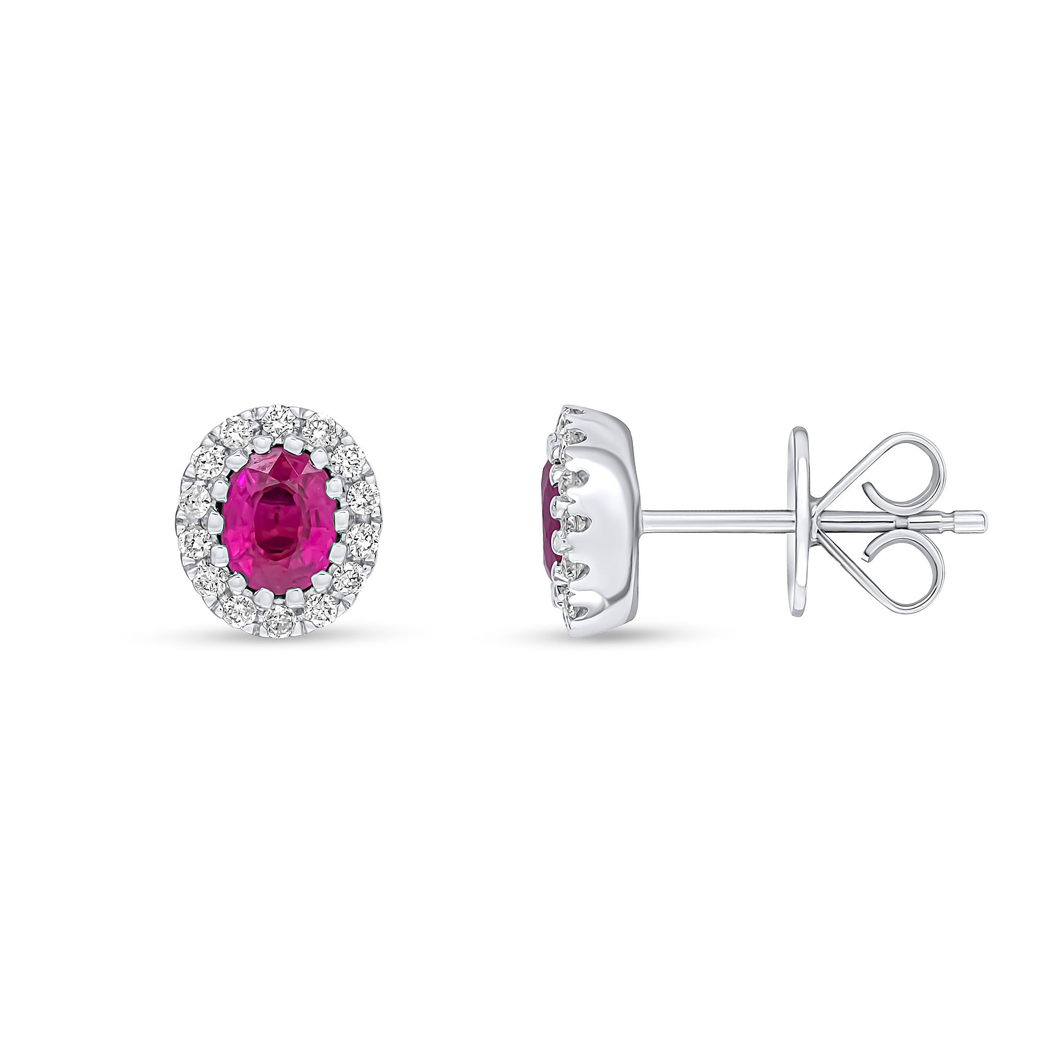 18CT WG 5X4 OVAL RUBY AND ROUND DIAMOND CLAW SET CLUSTER EARRINGS