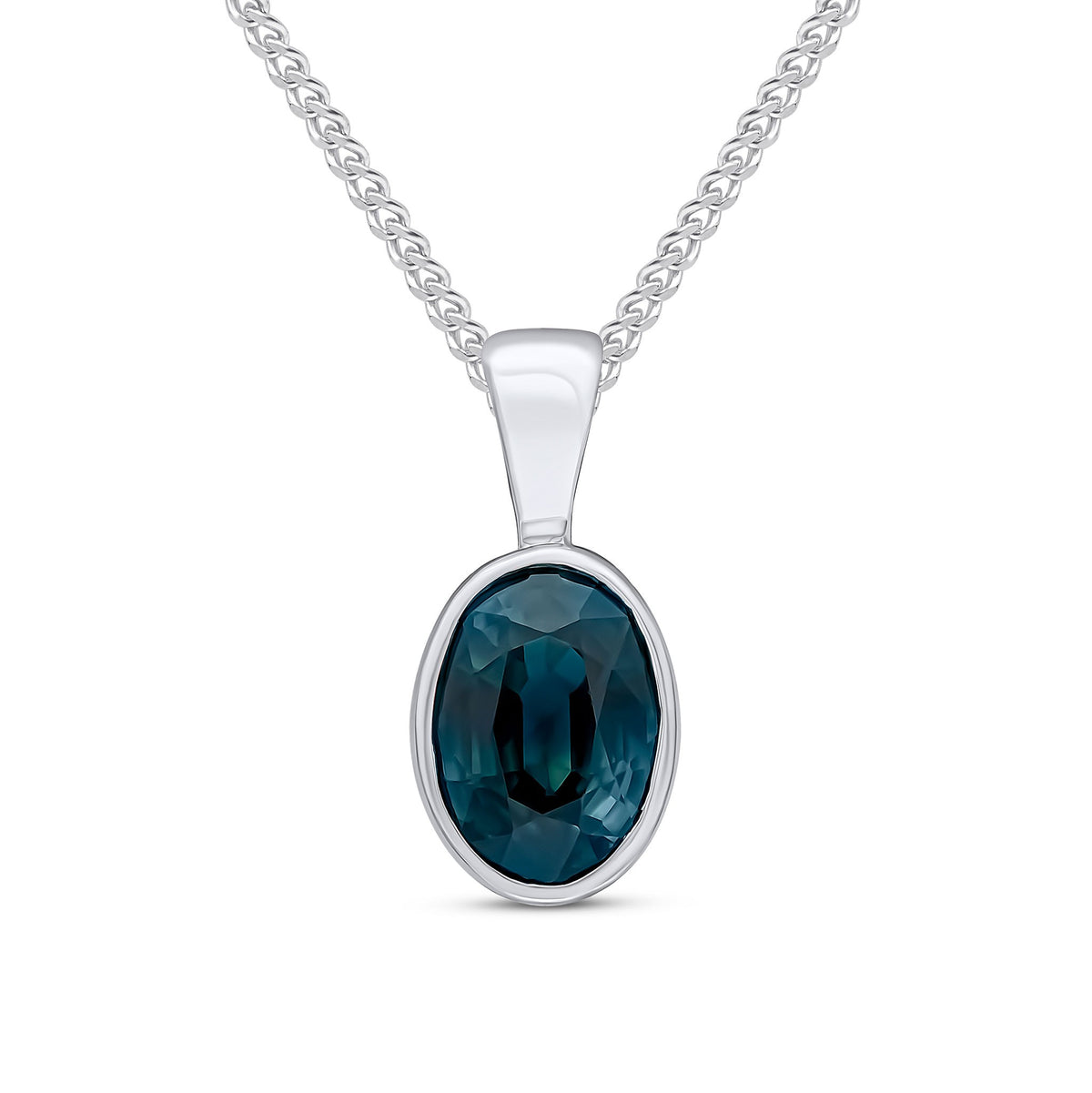 9CT WG 7X5MM OVAL SAPPHIRE RUBOVER SET PENDANT