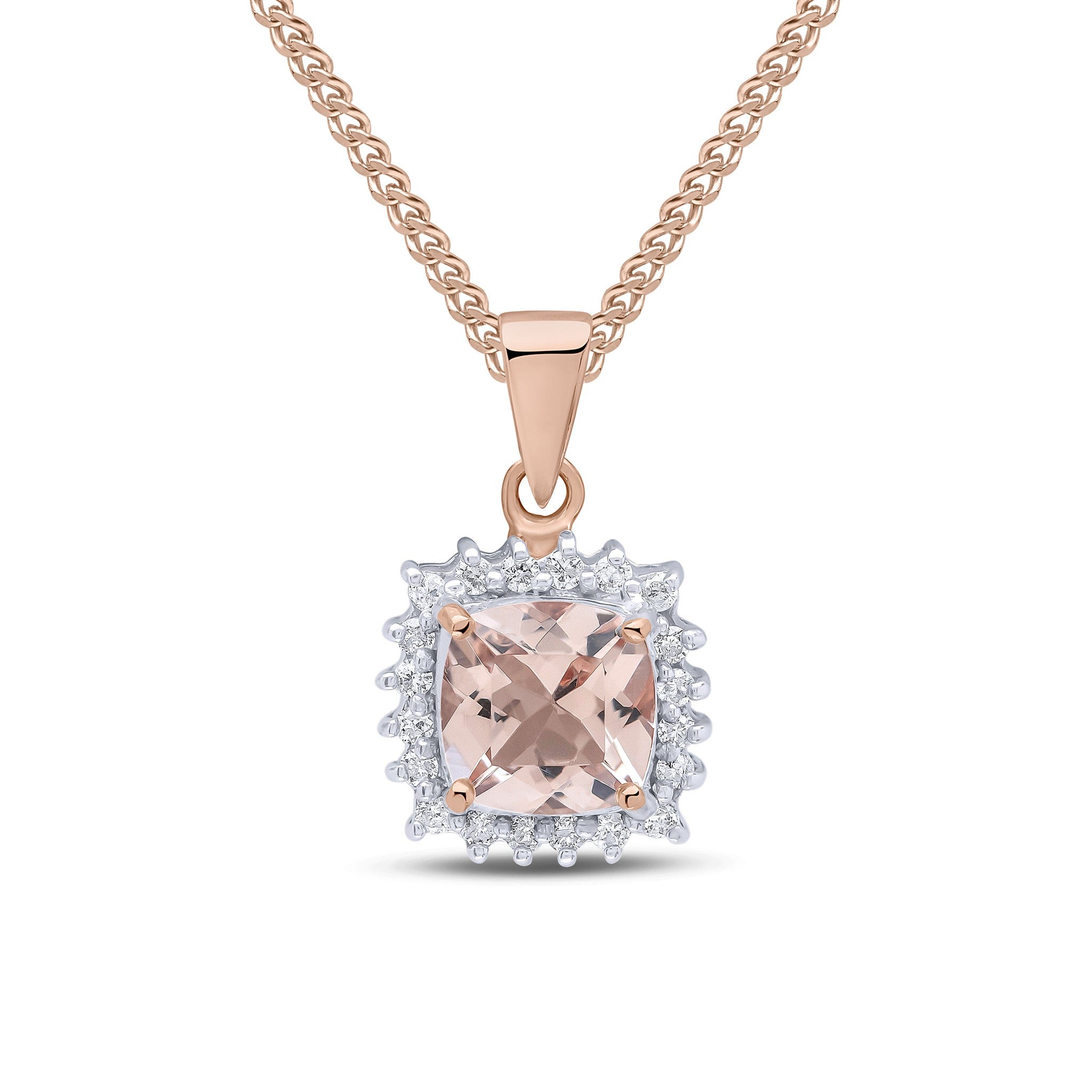 9CT RG 6MM CUSHION MORGANITE & DIAMOND CLAW SET CLUSTER PENDANT. RHODIUM TO DIAMONDS