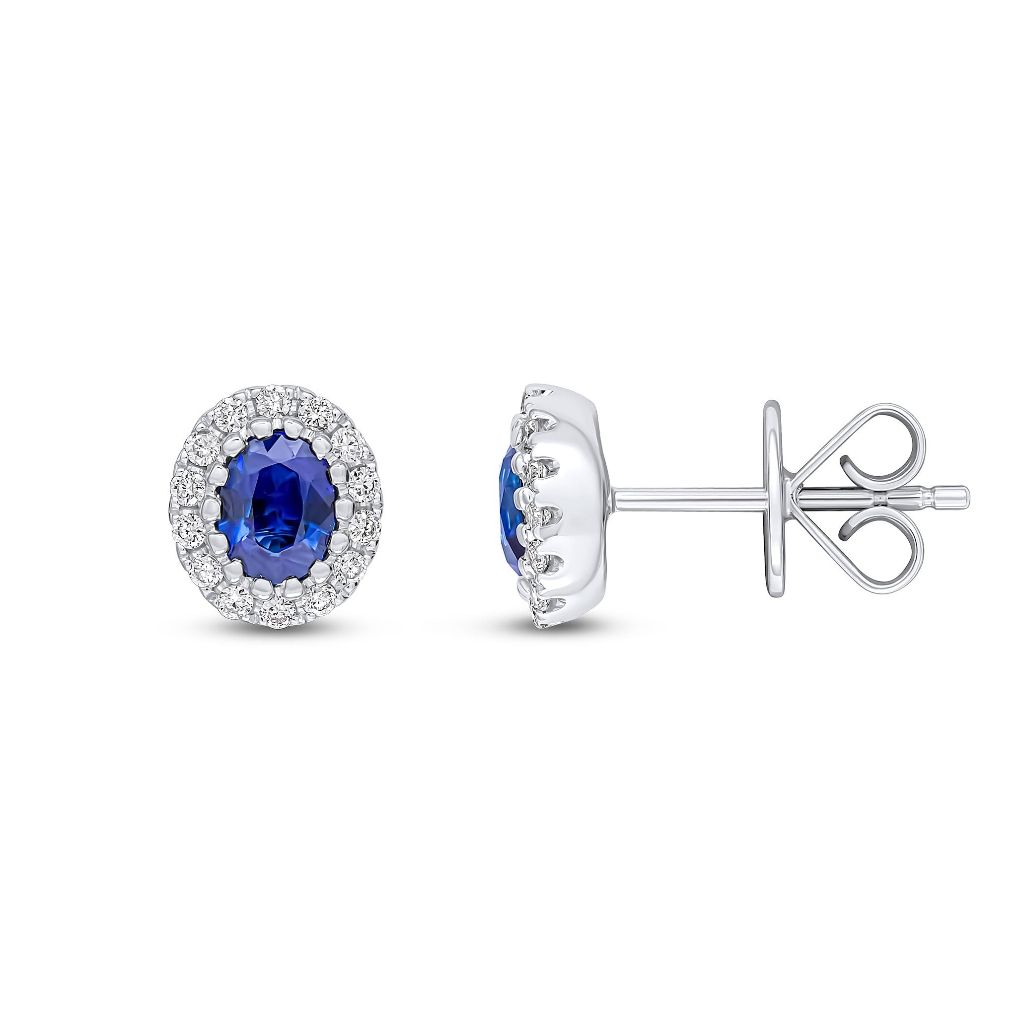 18CT WG 5X4 OVAL SAPPHIRE & DIAMOND CLAW SET CLUSTER EARRINGS