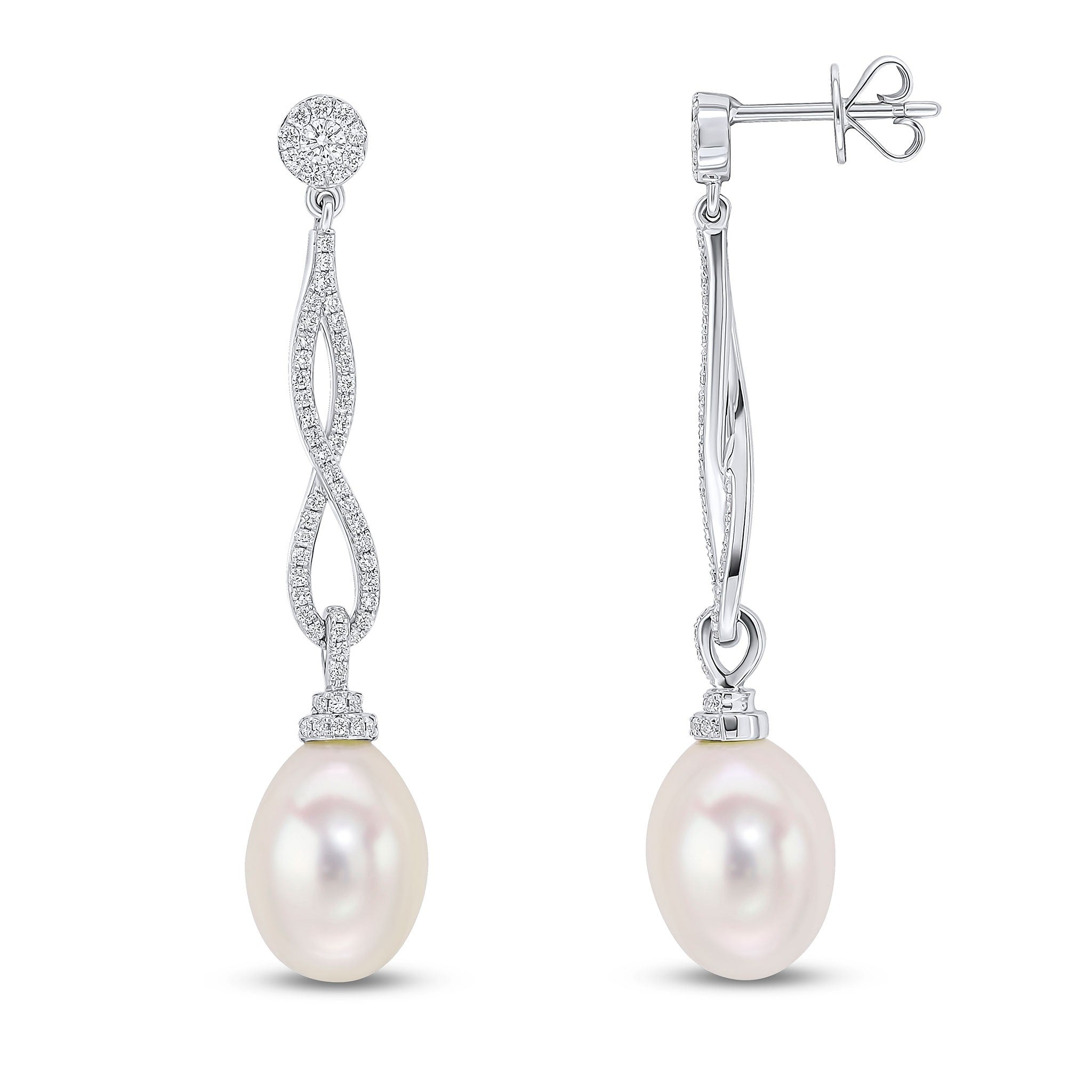 18CT WG ROUND DIAMOND LONG  'FIGURE OF 8' AND CULTURED FRESHWATER PEARL DROP EARRINGS WITH ROUND DIAMOND CLUSTER TOP