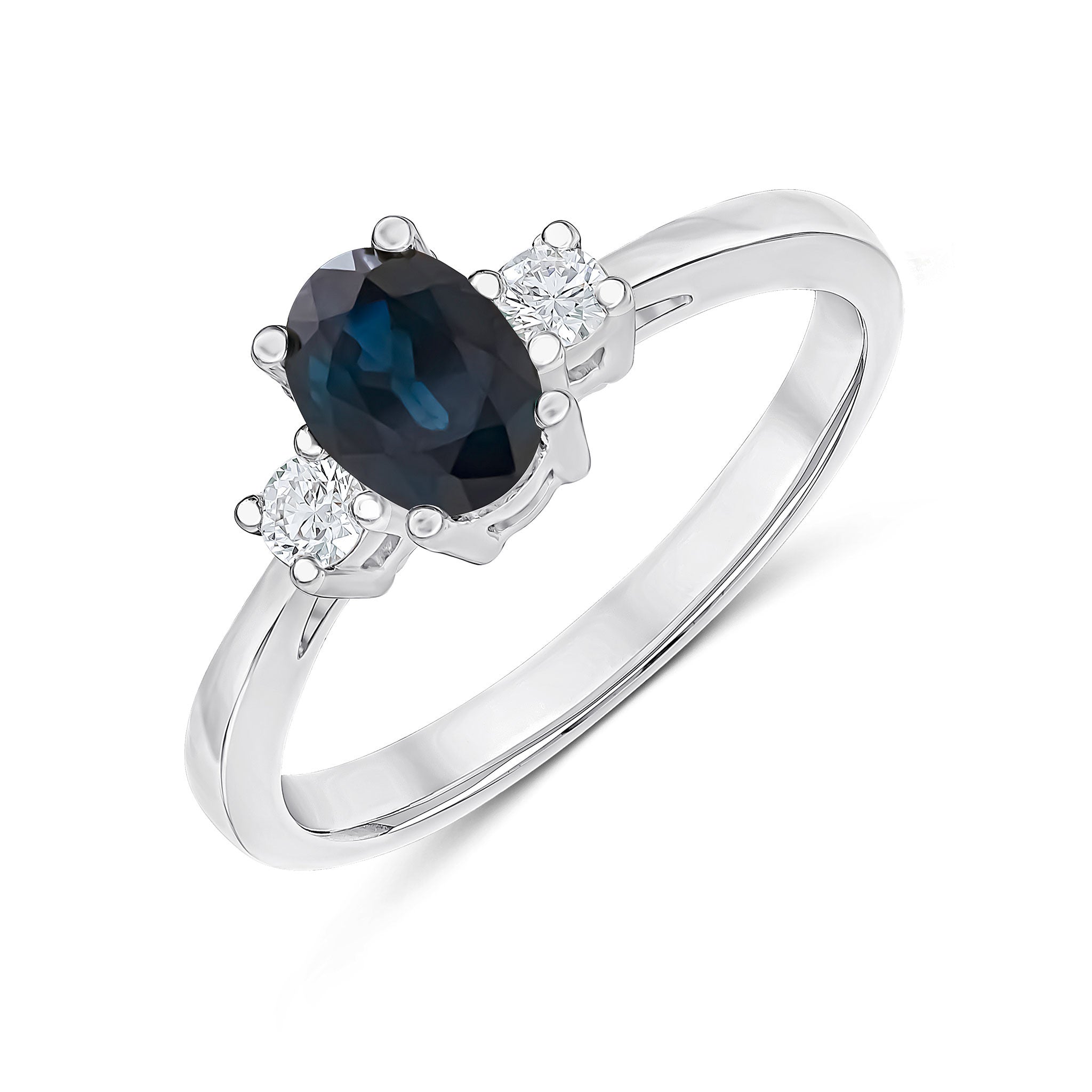9CT WG 7X5 OVAL SAPPHIRE AND ROUND DIAMOND CLAW SET 3ST RING
