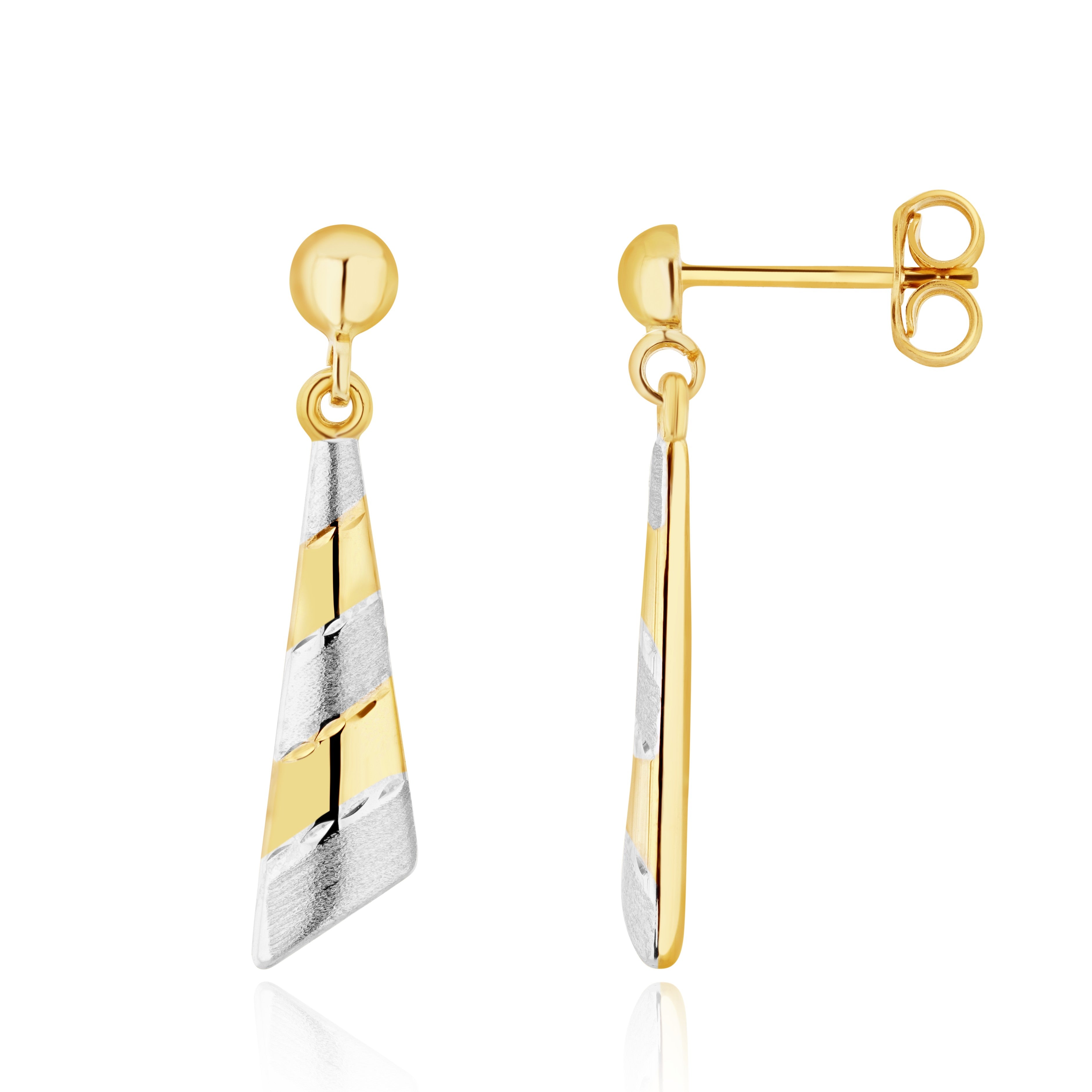9CT YWG POLISHED AND SATIN STRIPED TRIANGULAR DROP EARRINGS