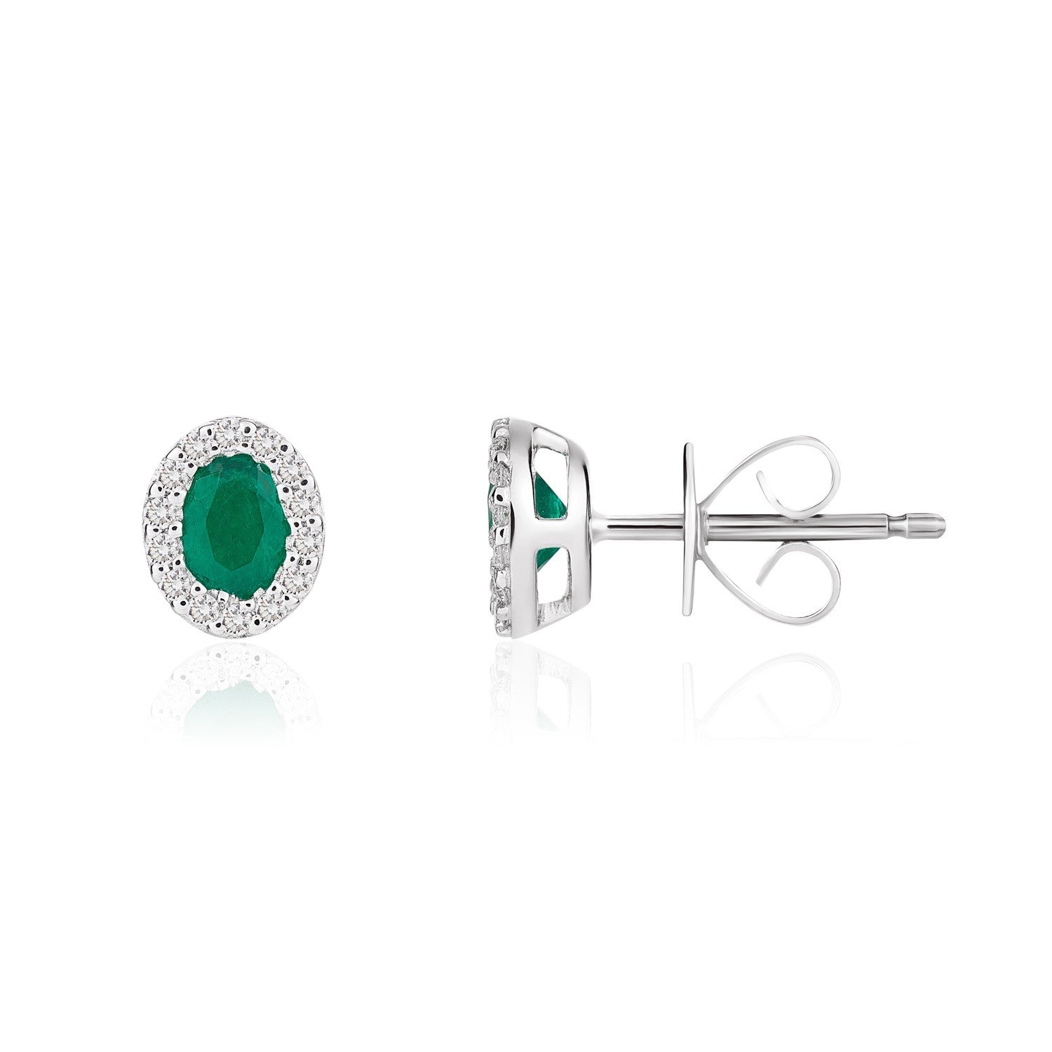 18CT WG 4X3 OVAL EMERALD & DIAMOND MICROSET CLUSTER EARRINGS