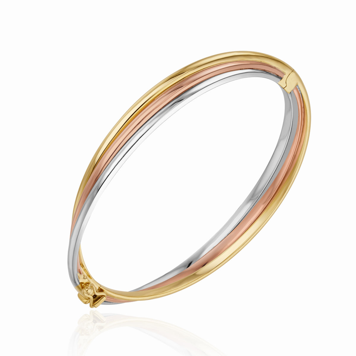 9CT YELLOW, WHITE AND ROSE GOLD RUSSIAN STYLE HINGED HOLLOW BANGLE