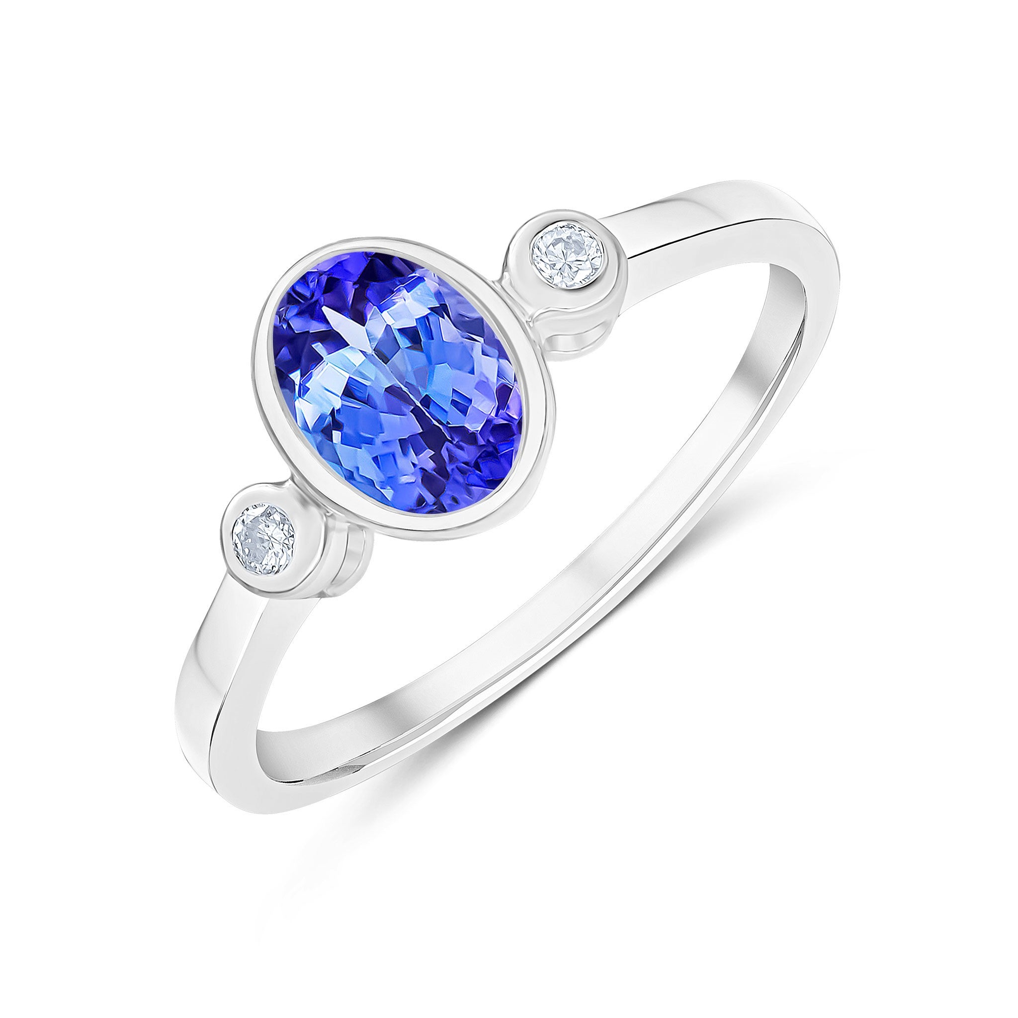 9CT WG 7X5 OVAL TANZANITE AND ROUND DIAMOND 3ST RUBOVER RING