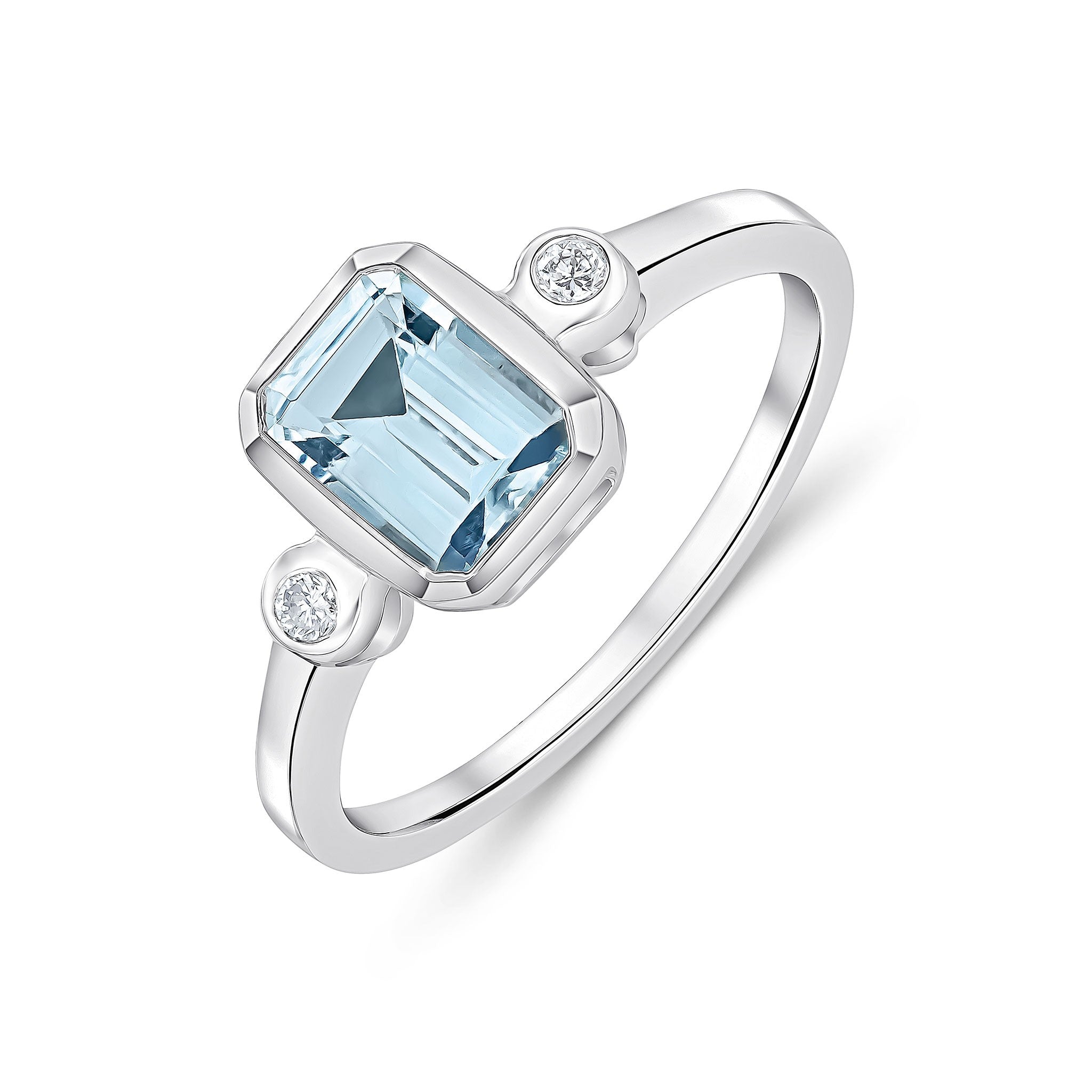 9CT WG 7X5 OCTAGON AQUA AND ROUND DIAMOND 3ST RUBOVER RING