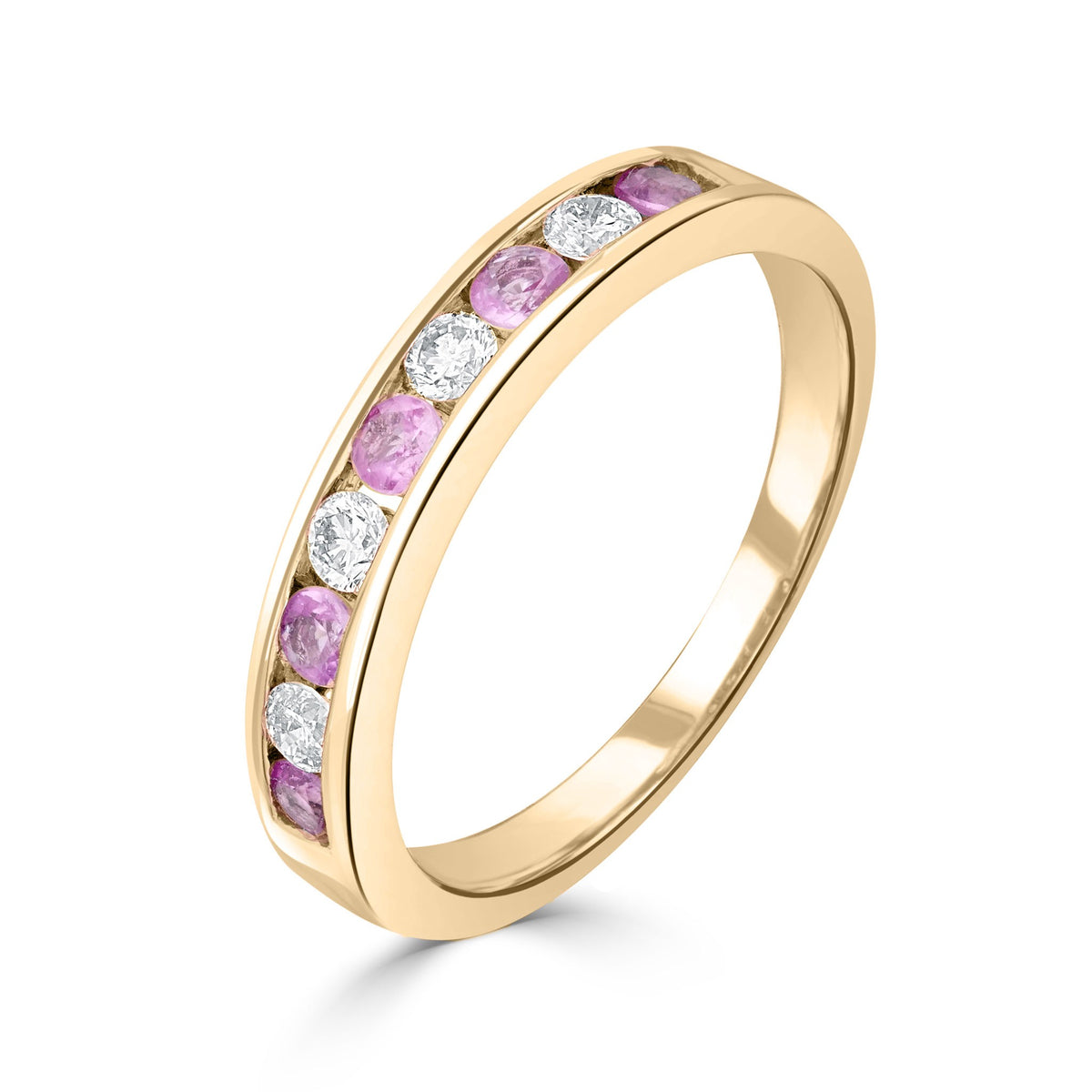 9CT YG ROUND PINK SAPPHIRE & ROUND DIAMOND CHANNEL SET 9ST RING