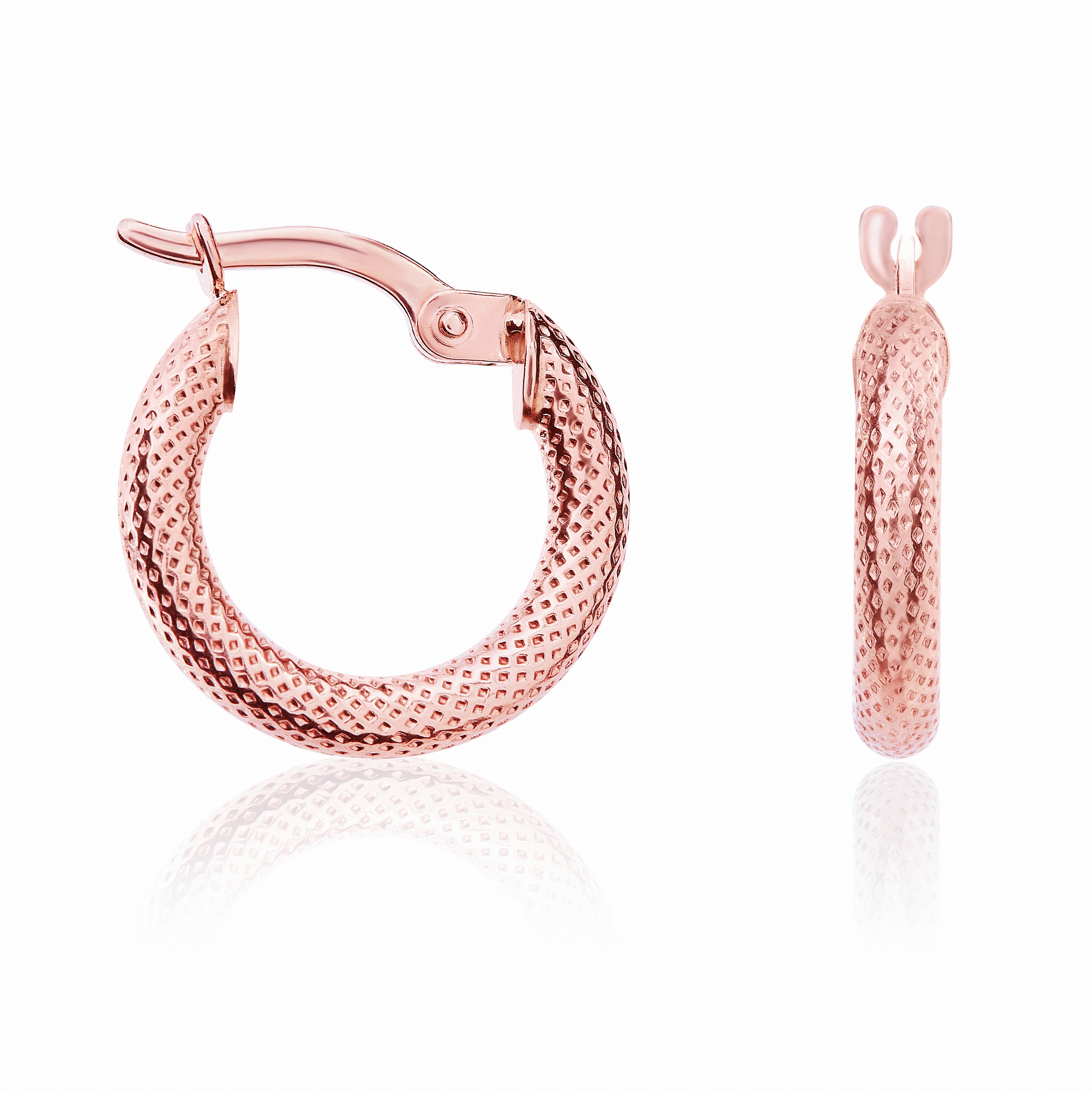 9CT ROSE GOLD TEXTURED ROUND HOOP EARRINGS. 15MM DIAMETER