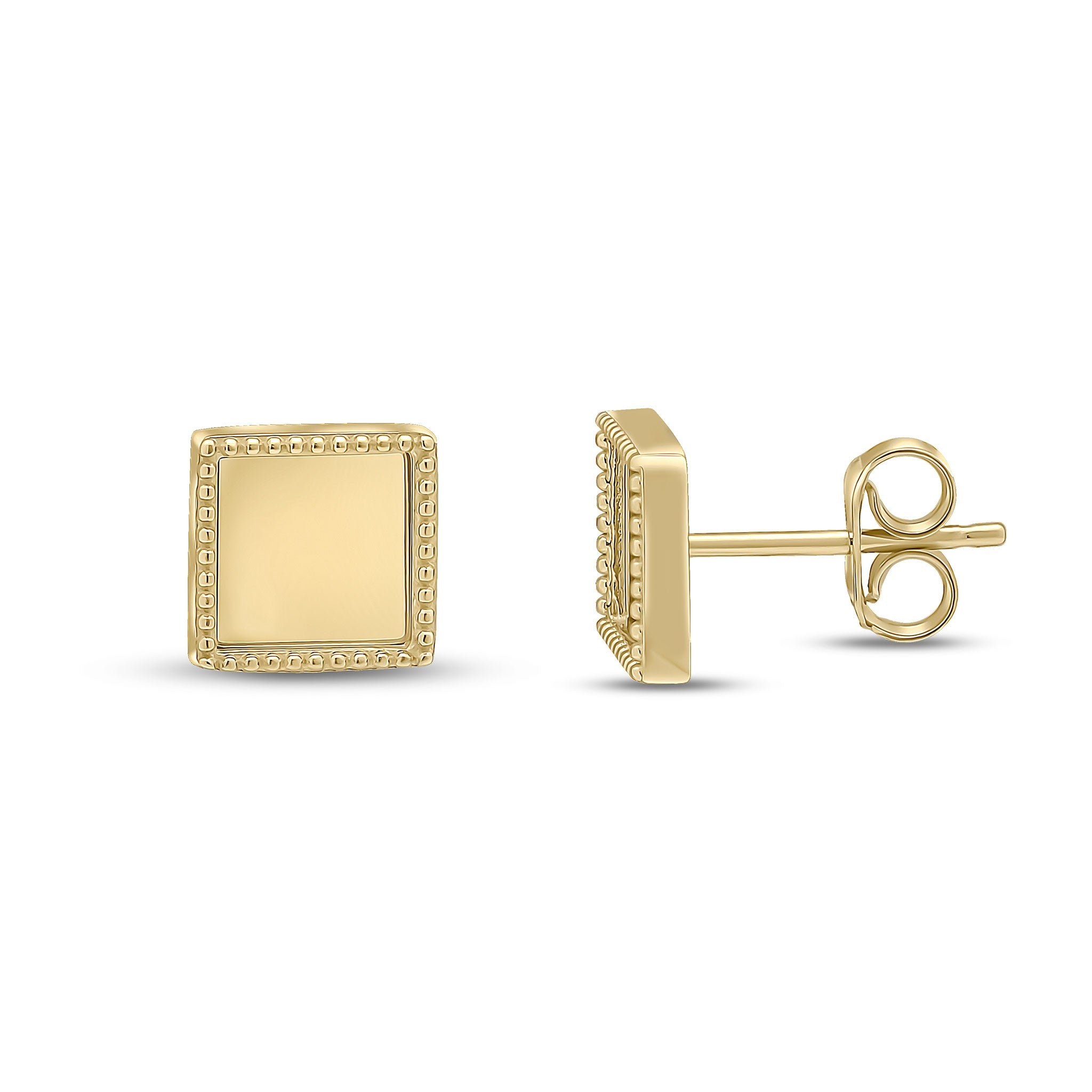 9CT YELLOW GOLD PLAIN SQUARE STUD EARRINGS WITH BEADED EDGE. LARGE