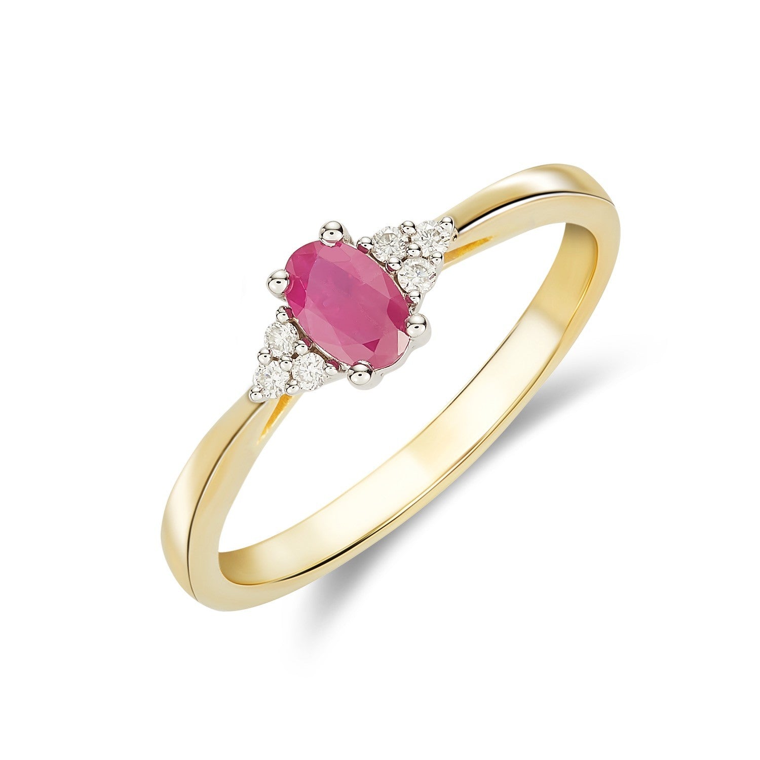 9CT YWG 6X4 OVAL RUBY AND ROUND DIAMOND TREFOIL SHOULDERS RING
