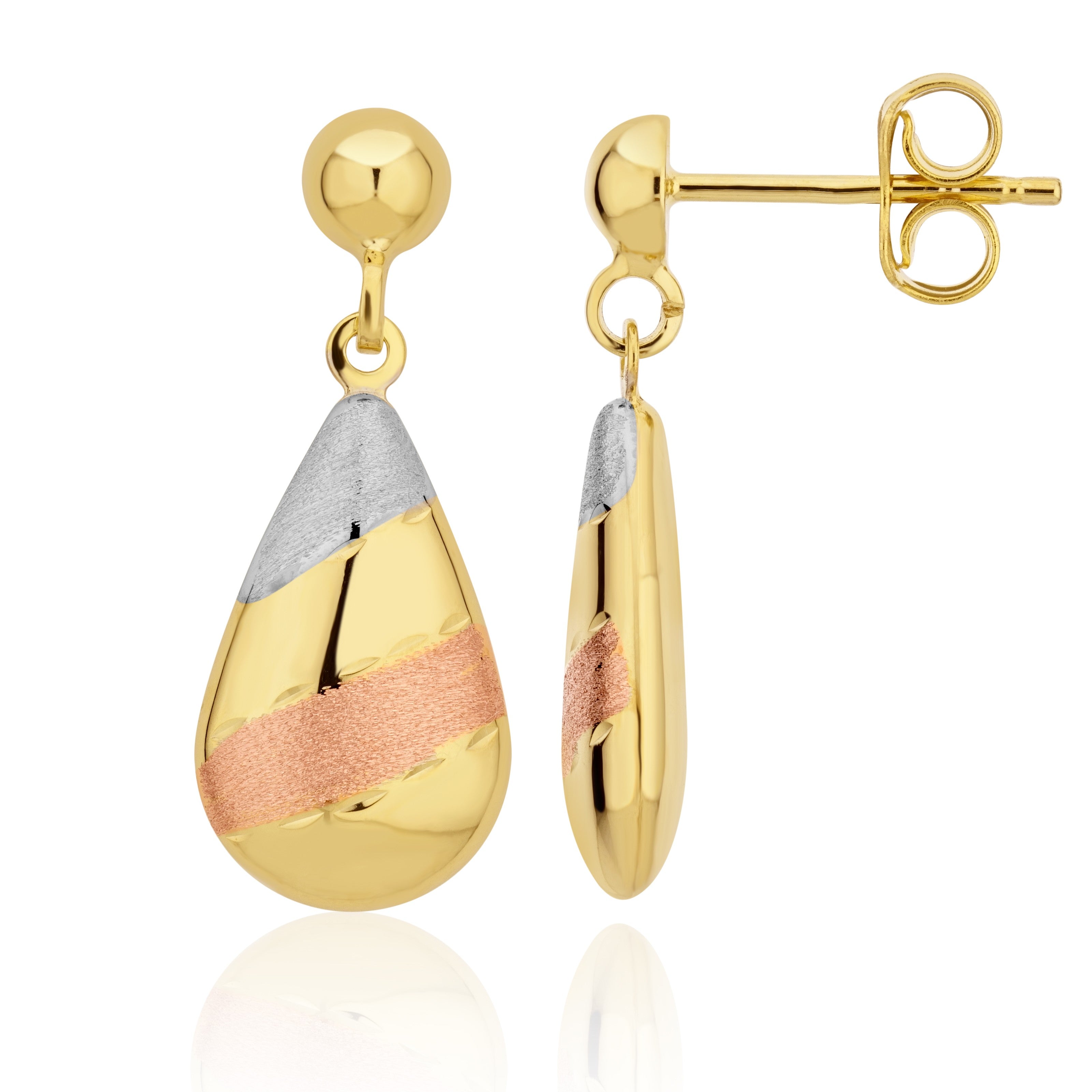 9CT YELLOW, WHITE AND ROSE GOLD FLAT POLISHED AND SATIN STRIPED DROP EARRINGS