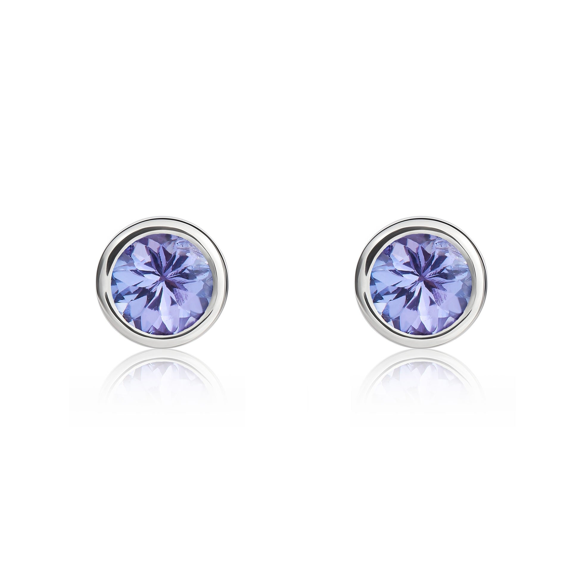 9CT WG 4MM ROUND TANZANITE RUBOVER STUD EARRINGS