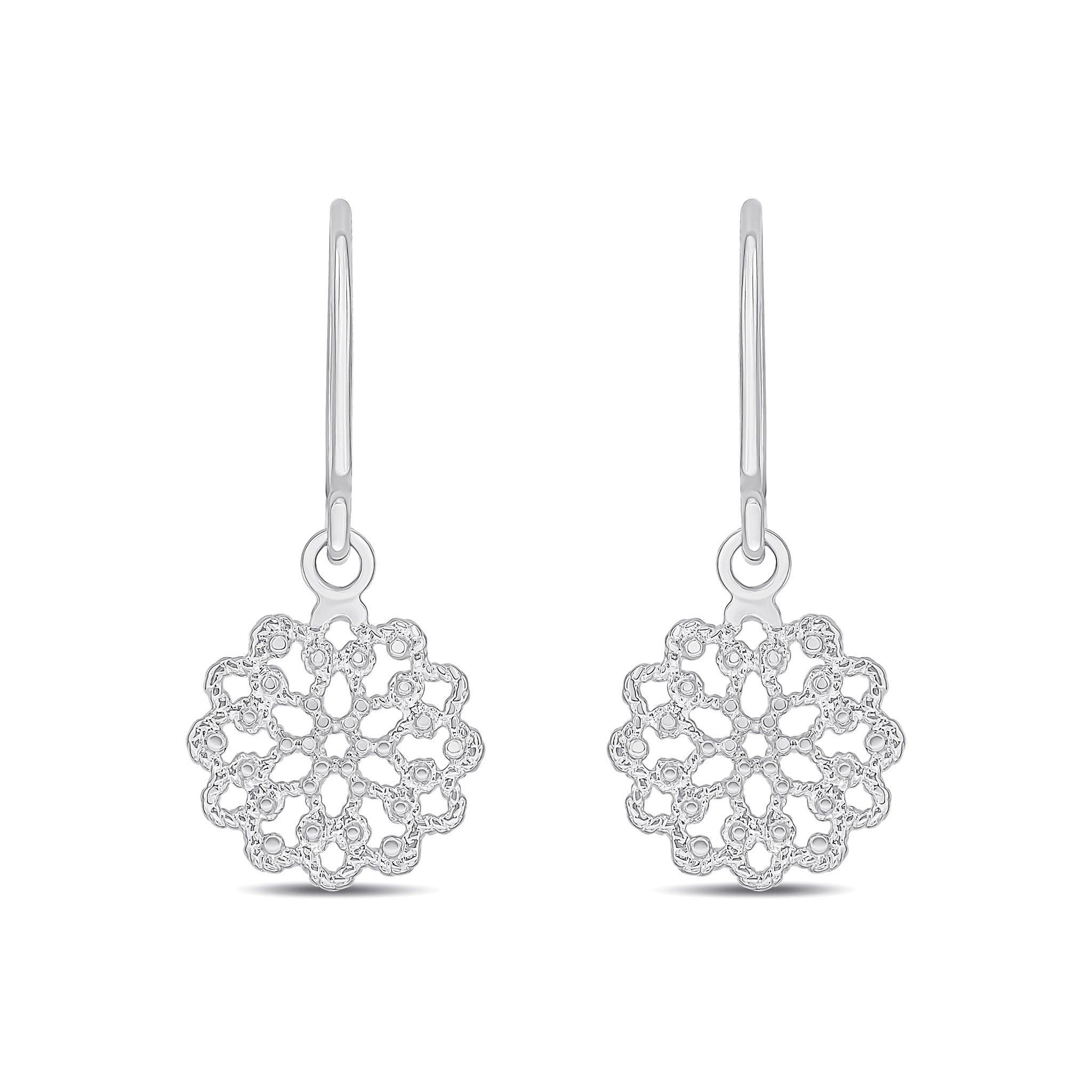 9CT WHITE GOLD ROUND FLOWER FILLIGREE DROP EARRINGS WITH SHEPHERDS HOOK FITTING
