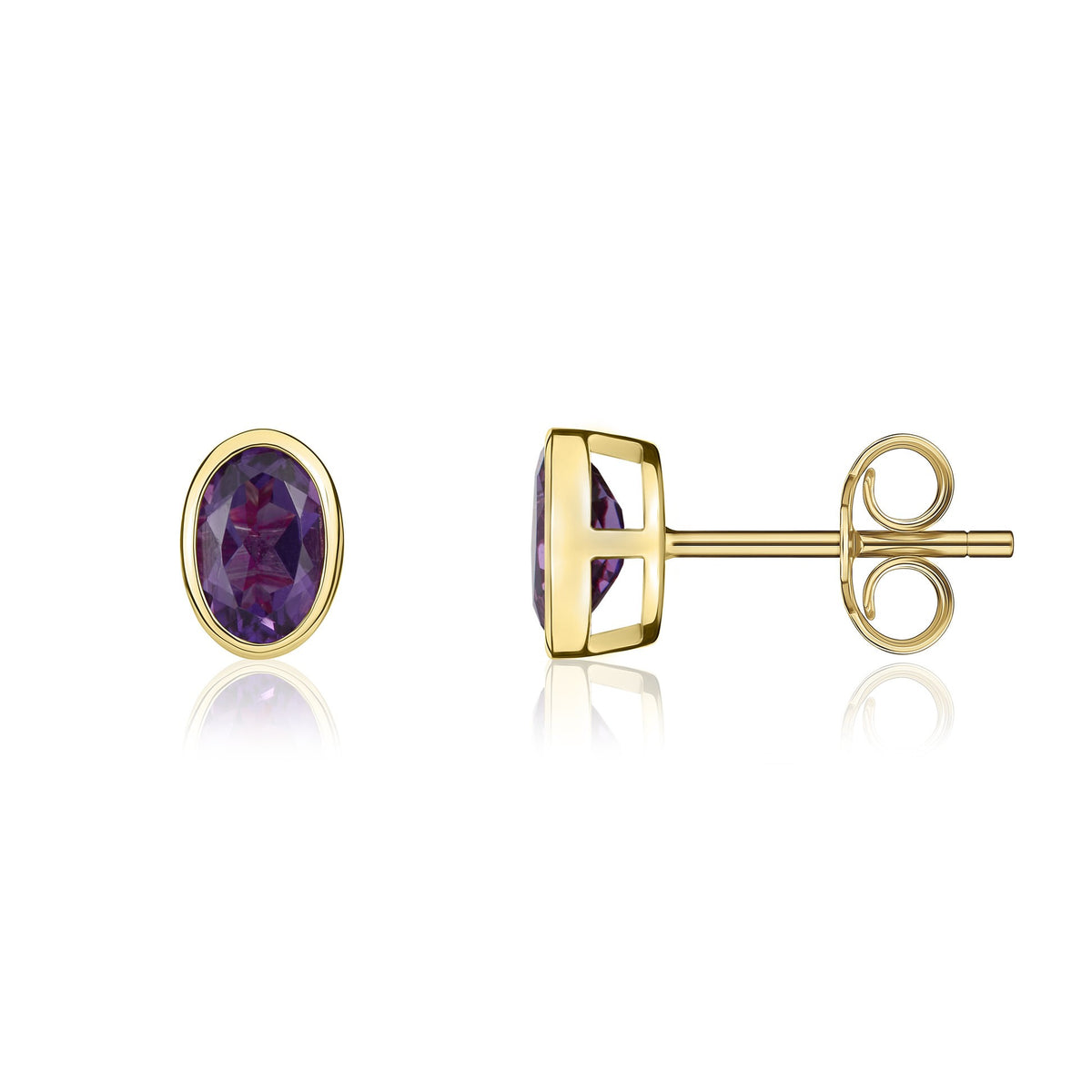 9CT YG 6X4 OVAL AMETHYST RUBOVER STUD EARRINGS