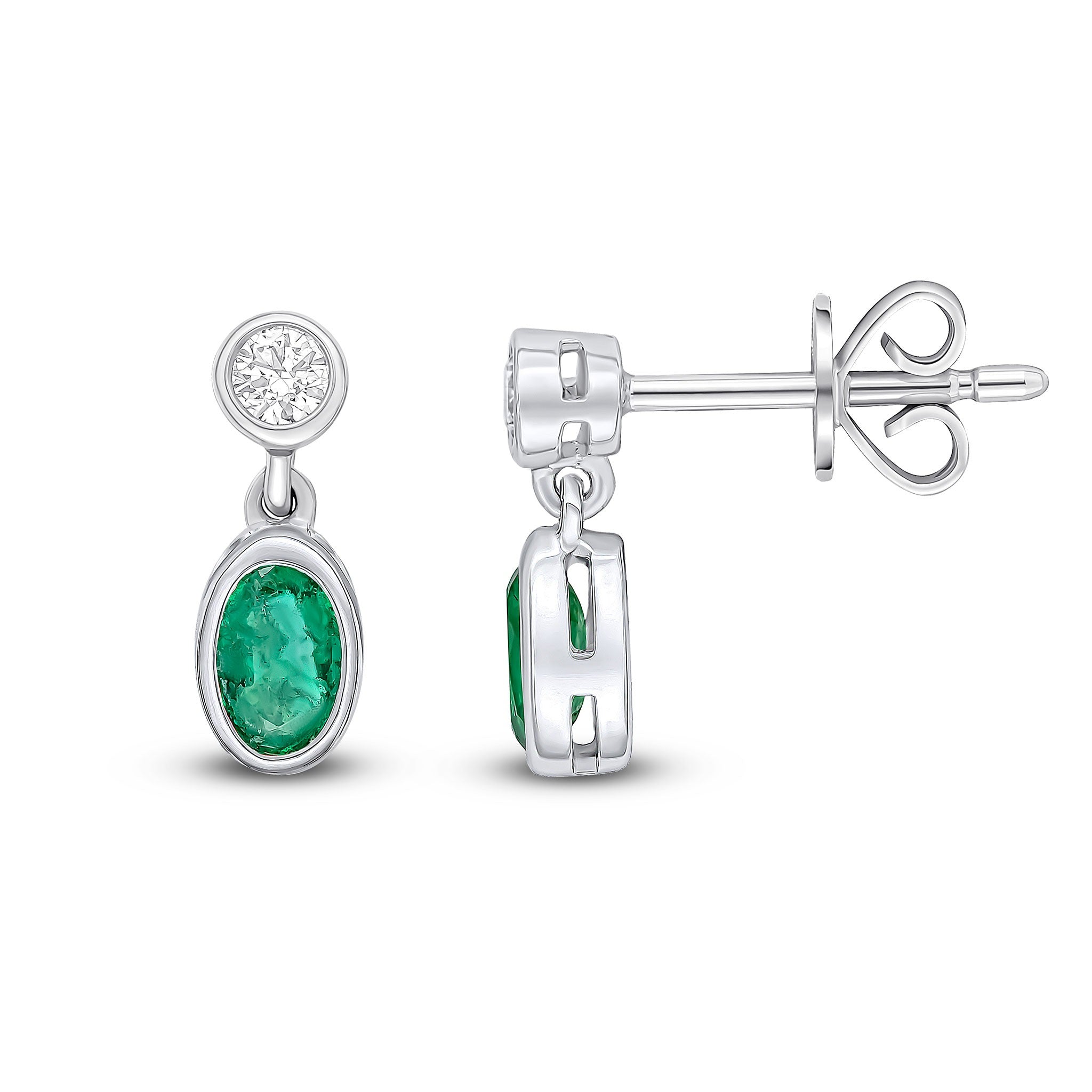 18CT WG OVAL EMERALD AND ROUND DIAMOND 2ST RUBOVER DROP EARRINGS
