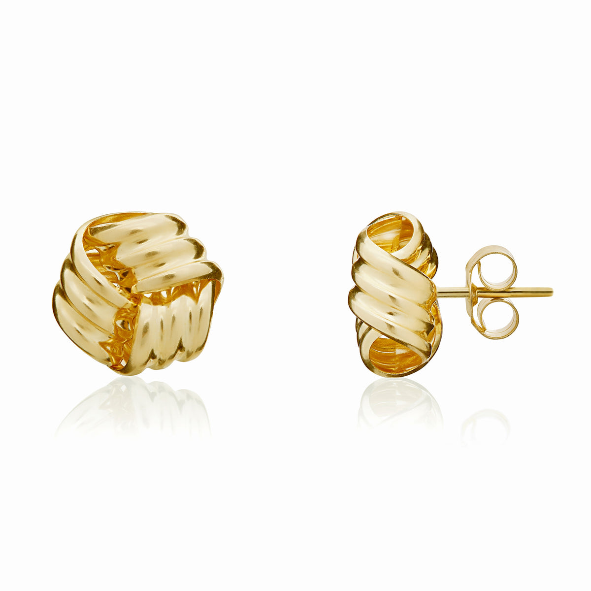9CT YELLOW GOLD 3 SECTION RIBBED KNOT STUD EARRINGS