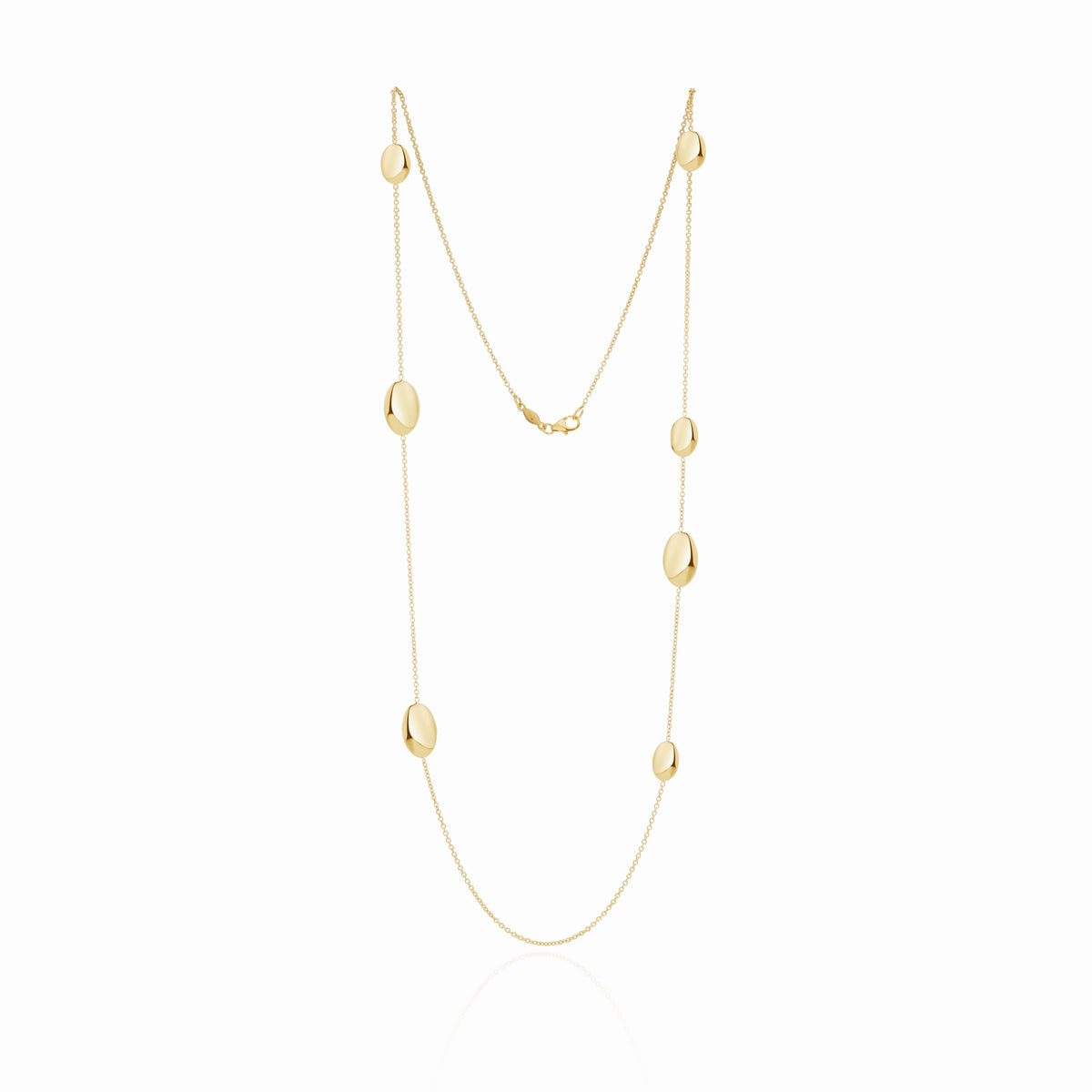 9CT YG CHAIN & FLAT POLISHED OVAL DISCS NECKLACE. 24 INCH