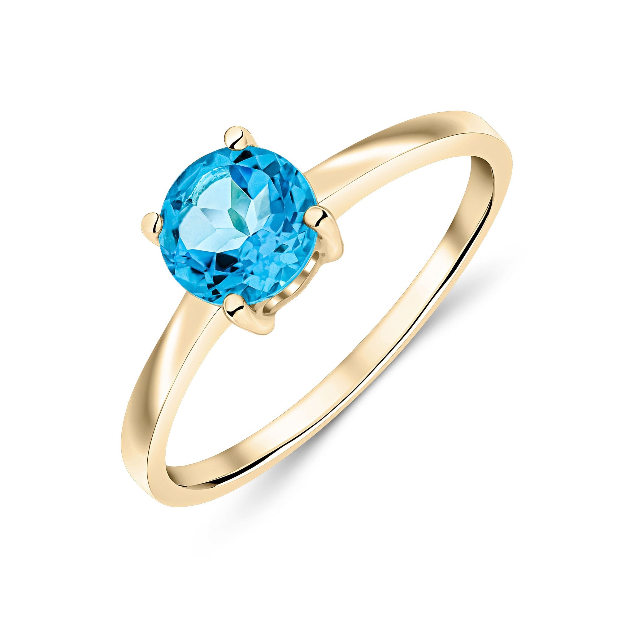 9CT YG 6MM ROUND SWISS BLUE TOPAZ 4 CLAW SINGLE STONE RING