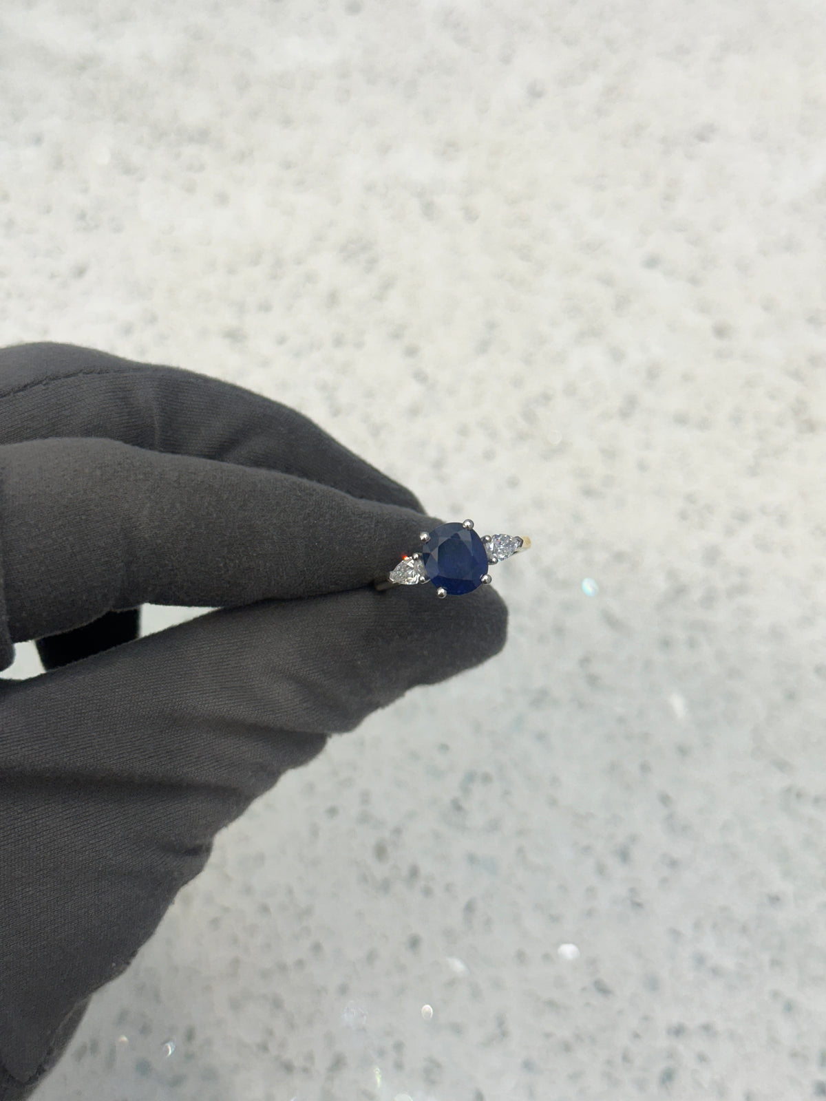18ct Yellow Gold Platinum head Blue Sapphire & Diamond Trilogy/3 Stone Oval & Pear Ring