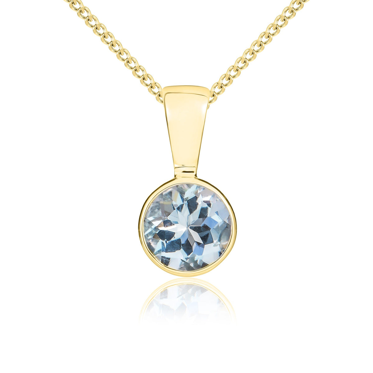 9CT YG 5MM ROUND AQUA RUBOVER SET PENDANT