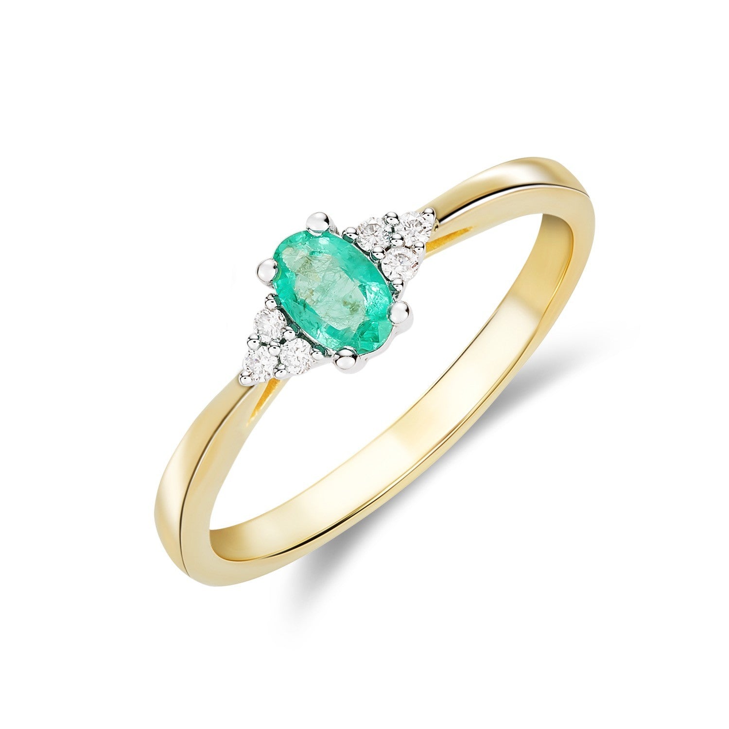 9CT YWG 6X4 OVAL EMERALD AND ROUND DIAMOND TREFOIL SHOULDERS RING