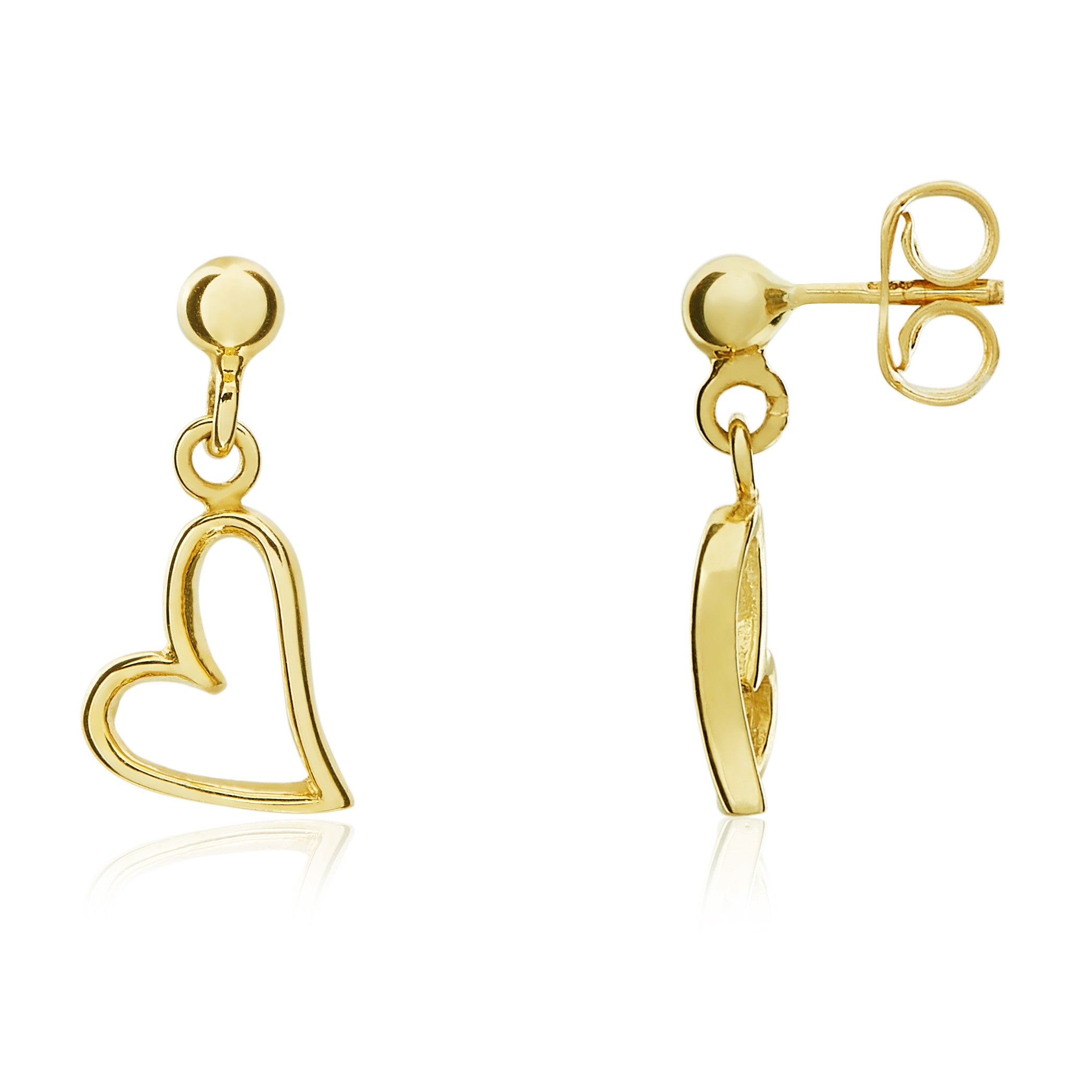9CT YELLOW GOLD OPEN HEART DROP EARRINGS WITH BALL STUD TOPS
